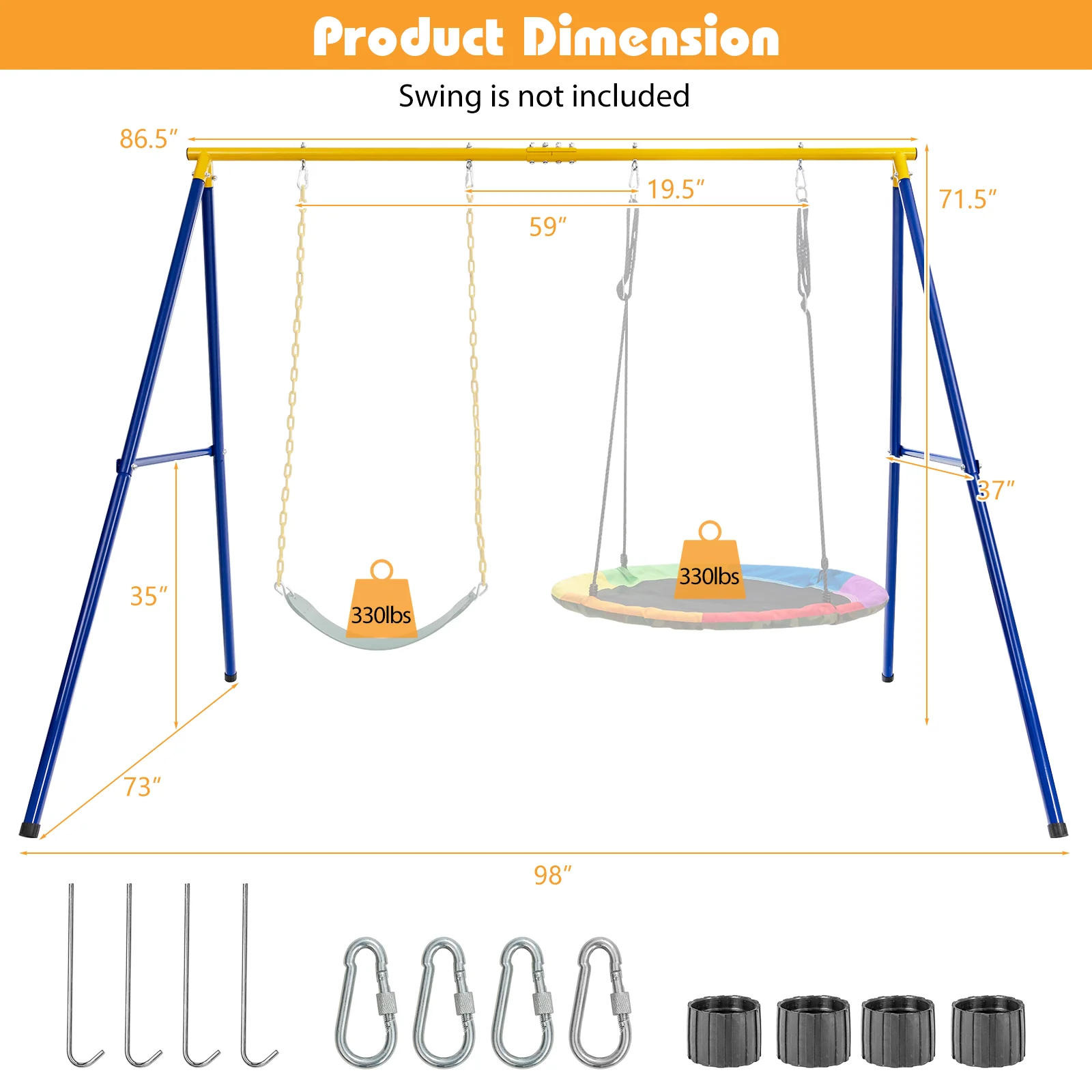 660 LBS Extra-Large A-Shaped Swing Stand with Anti-Slip Footpads (Without Seat)-Yellow - Image 5