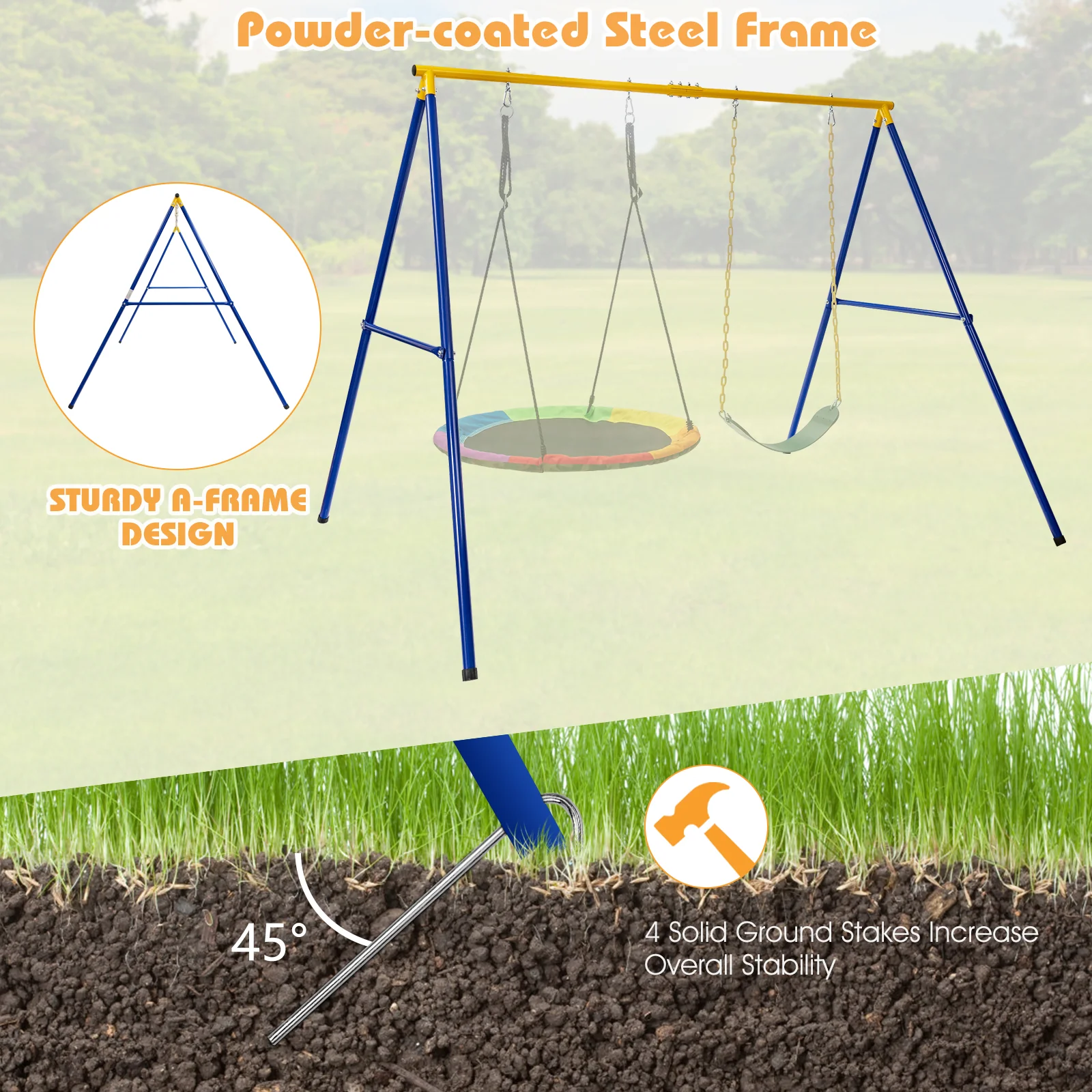 660 LBS Extra-Large A-Shaped Swing Stand with Anti-Slip Footpads (Without Seat)-Yellow - Image 6