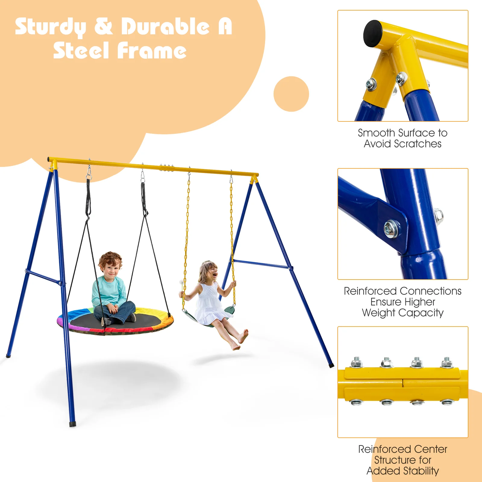 660 LBS Extra-Large A-Shaped Swing Stand with Anti-Slip Footpads (Without Seat)-Yellow - Image 7
