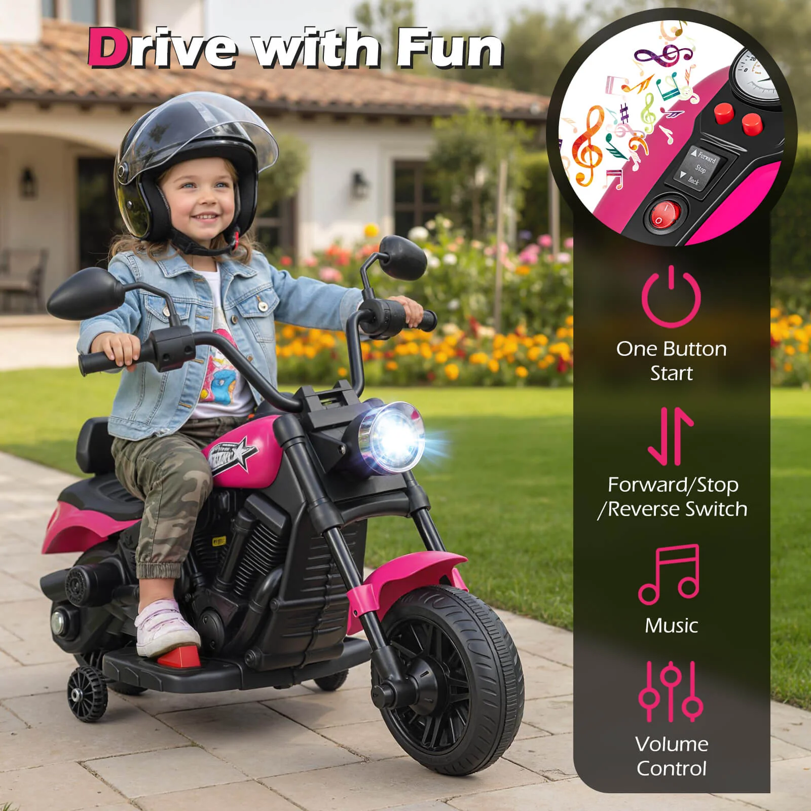 6V Kids Motorcycle with Headlight and Music and Training Wheels - Image 14