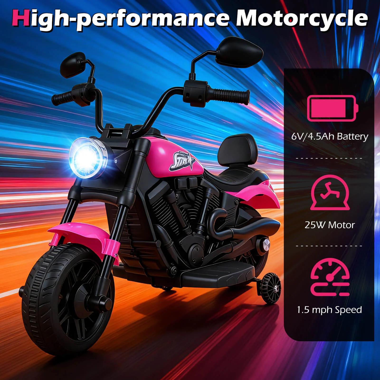 6V Kids Motorcycle with Headlight and Music and Training Wheels - Image 16
