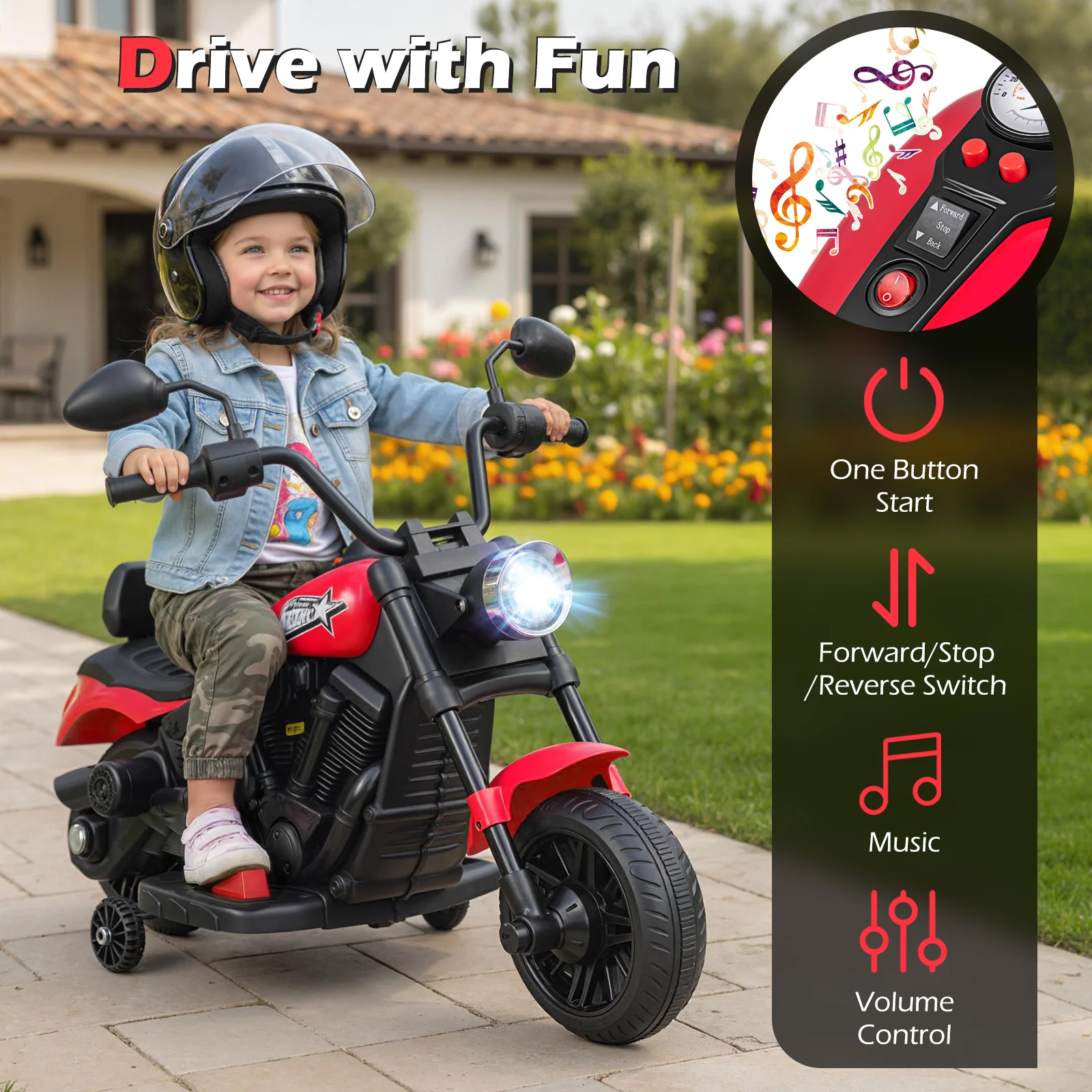 6V Kids Motorcycle with Headlight and Music and Training Wheels - Image 22