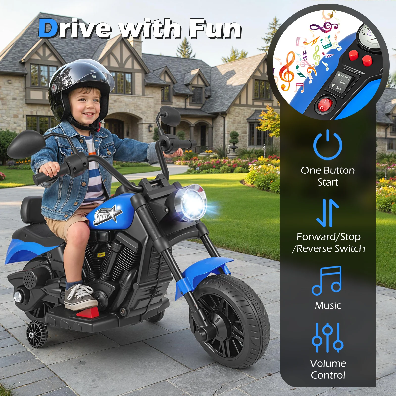 6V Kids Motorcycle with Headlight and Music and Training Wheels - Image 30