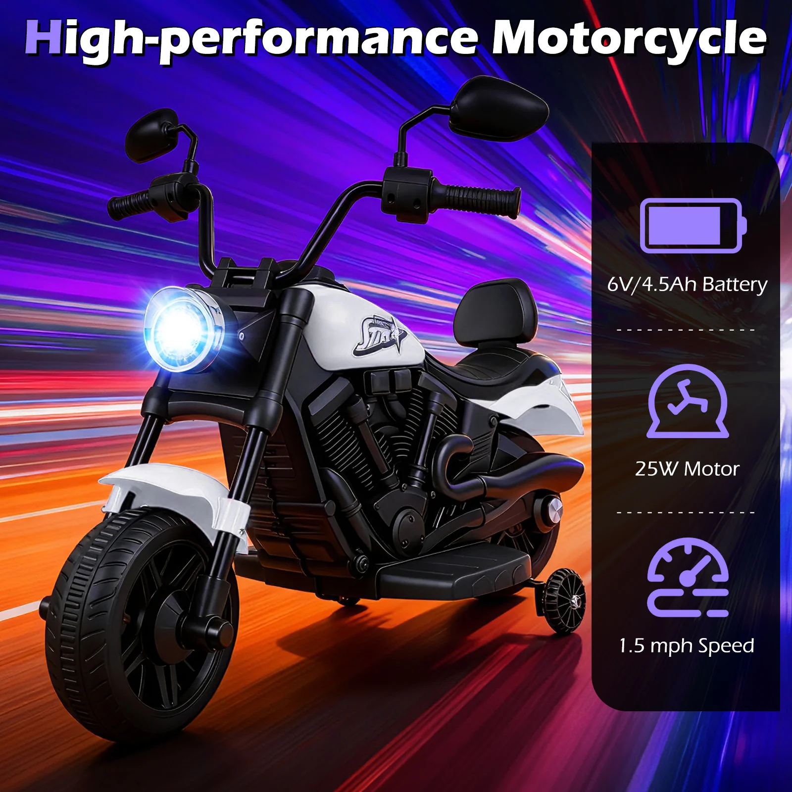 6V Kids Motorcycle with Headlight and Music and Training Wheels - Image 5