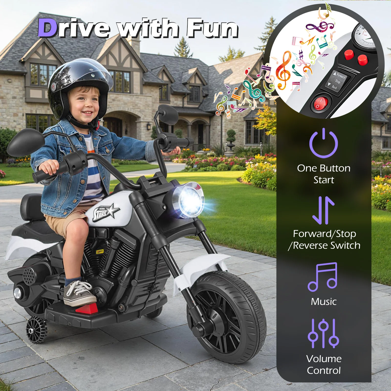 6V Kids Motorcycle with Headlight and Music and Training Wheels - Image 6