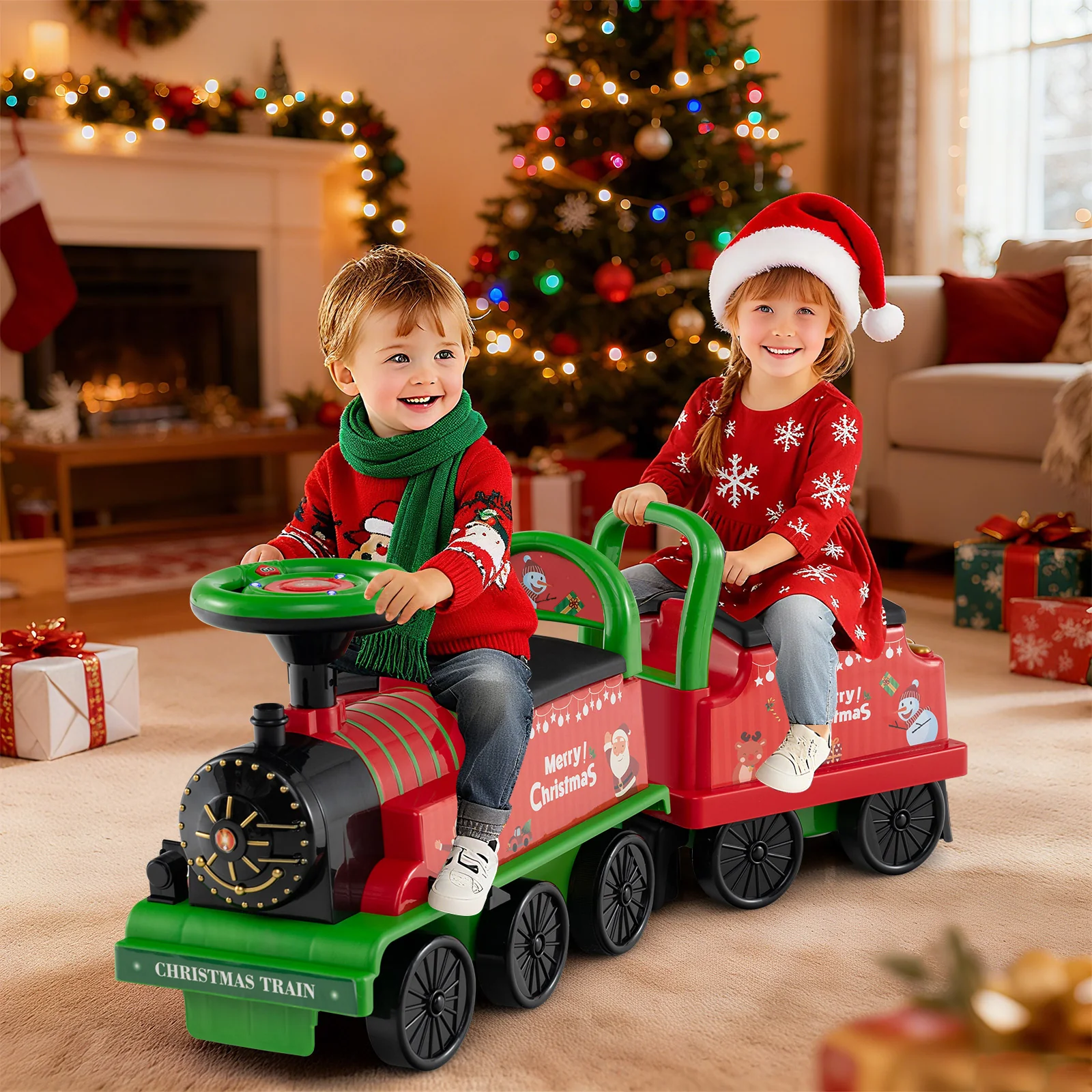 6V Ride on Train 2-Seater with Carriage and Flashing LED Lights