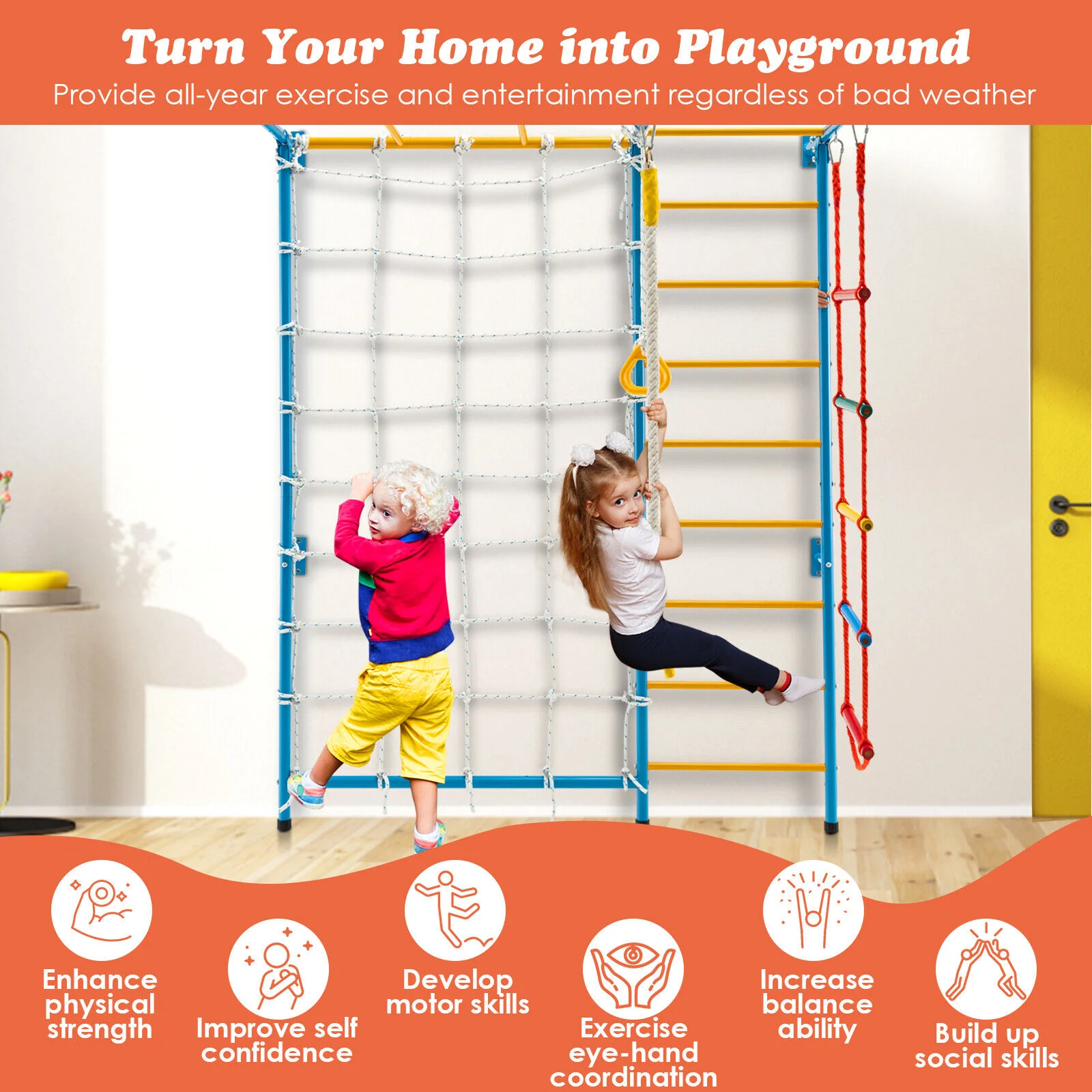 7 In 1 Kids Indoor Gym Playground Swedish Wall Ladder for Solid Wall-Yellow - Image 8