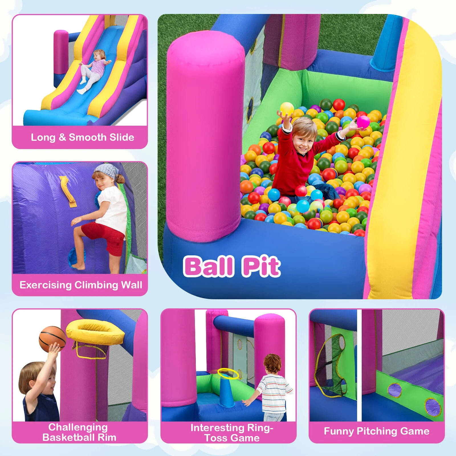 7-in-1 Kids Inflatable Bounce House with Long Slide and 735W Blower - Image 8