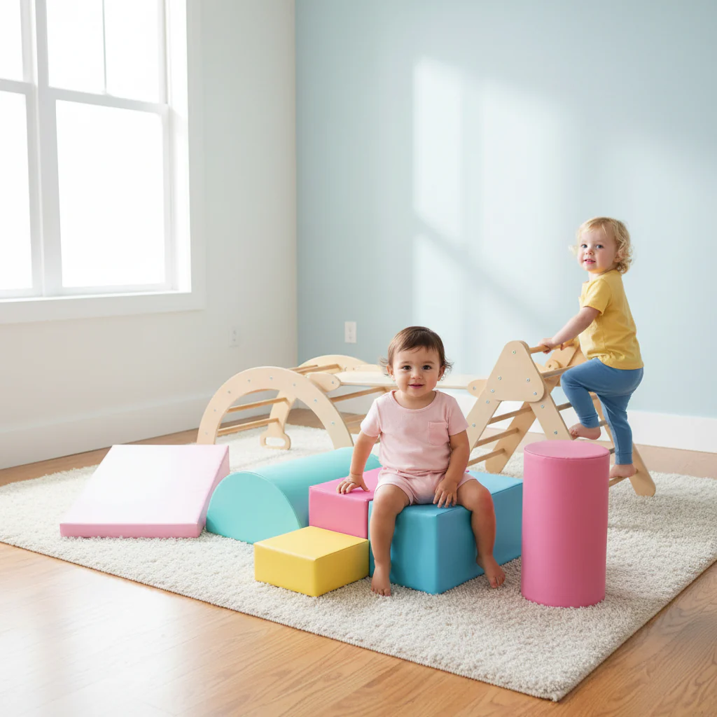 7-in-1 Pikler Triangle Set with 6-Piece Foam Blocks for Toddlers Indoor Playground - Image 2