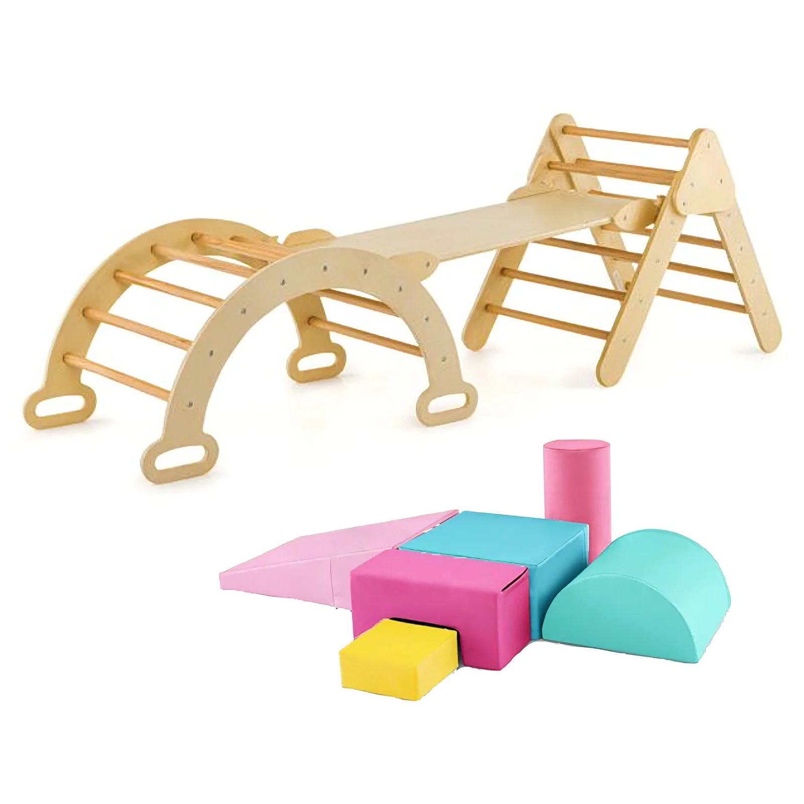 7-in-1 Pikler Triangle Set with 6-Piece Foam Blocks for Toddlers Indoor Playground - Image 3