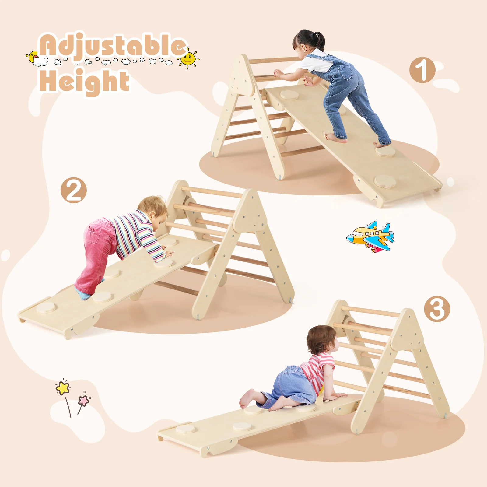 7-in-1 Pikler Triangle Set with 6-Piece Foam Blocks for Toddlers Indoor Playground - Image 7