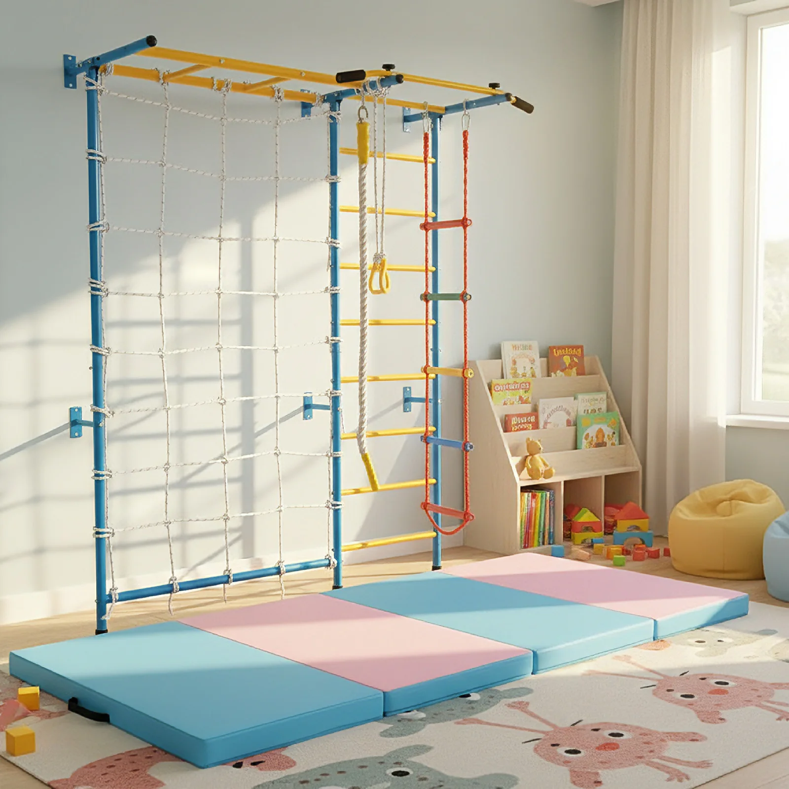 7-in-1 Swedish Ladder with Folding Gymnastics Mat for Solid Wall for Kids - Image 2