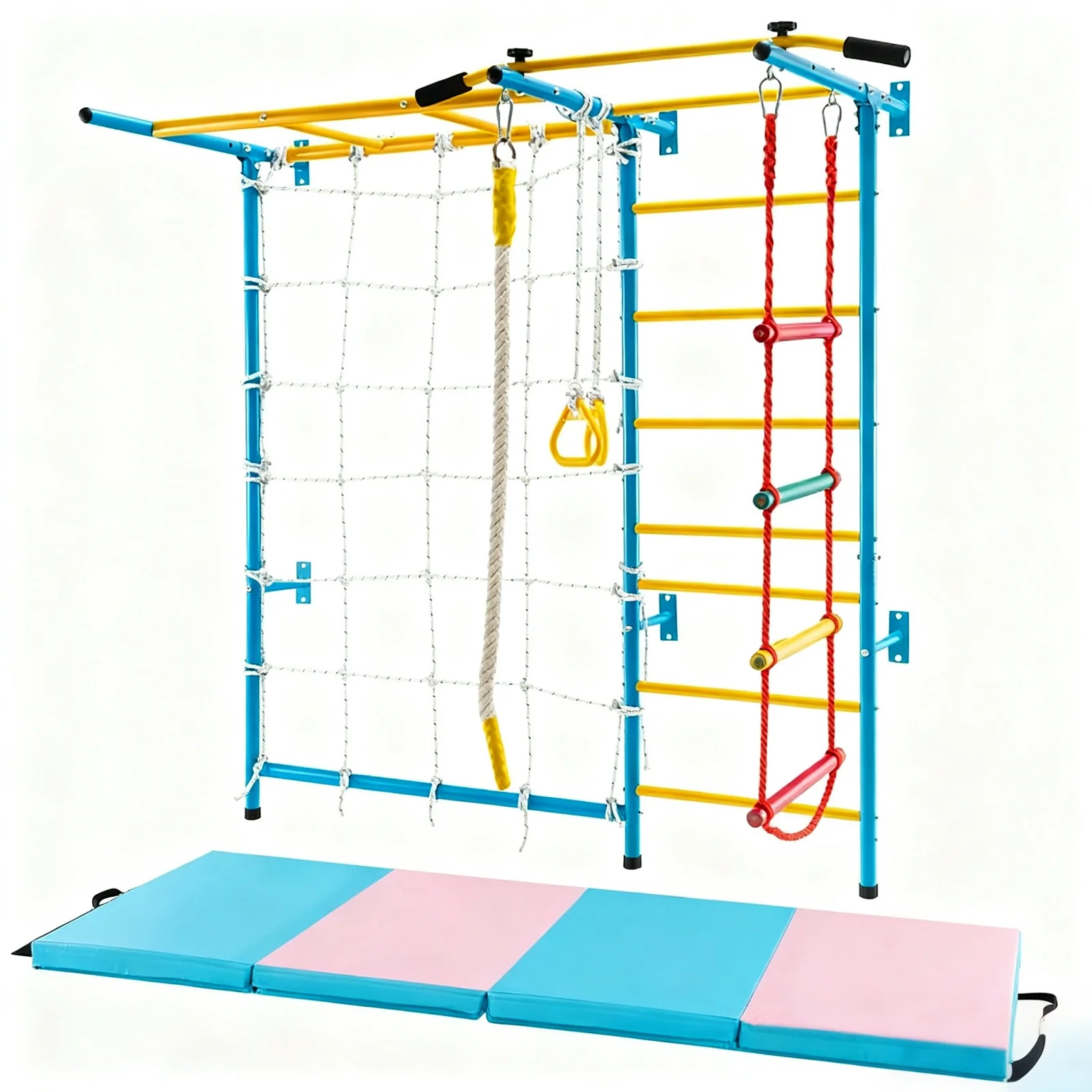 7-in-1 Swedish Ladder with Folding Gymnastics Mat for Solid Wall for Kids - Image 3