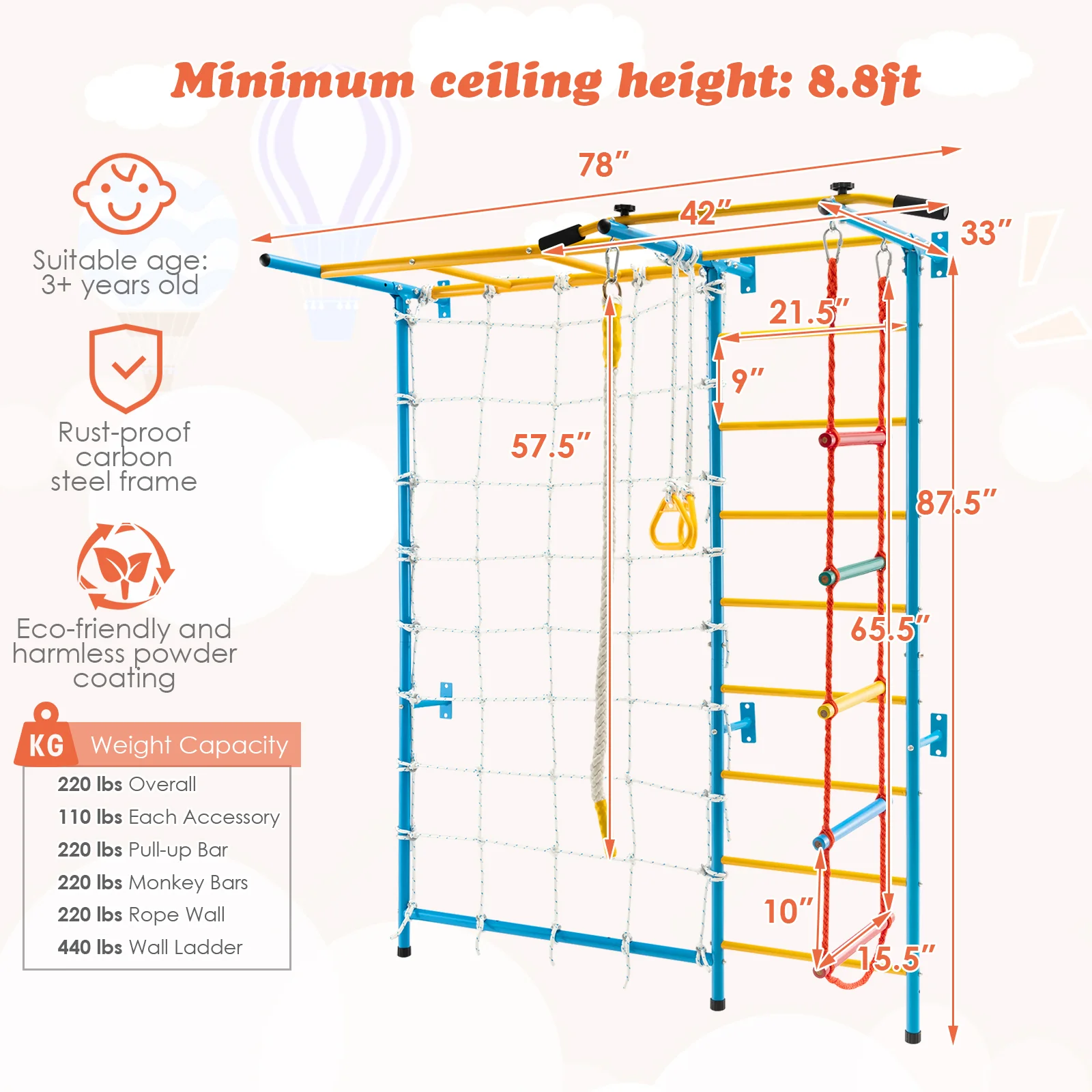 7-in-1 Swedish Ladder with Folding Gymnastics Mat for Solid Wall for Kids - Image 5