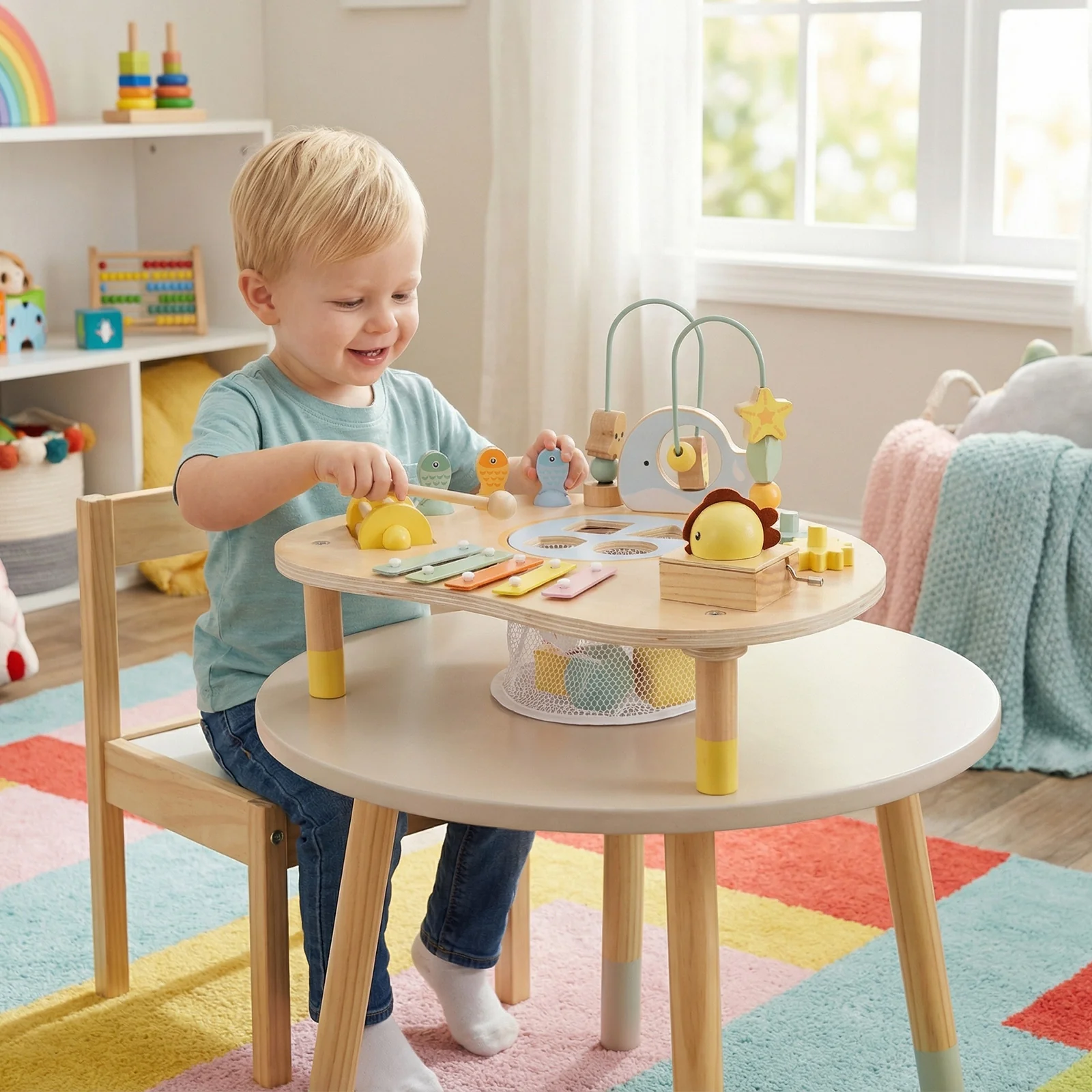 7-in-1 Toddler Activity Table Montessori Sensory Toy for 12 Month+ Wooden Musical Play Table - Image 2