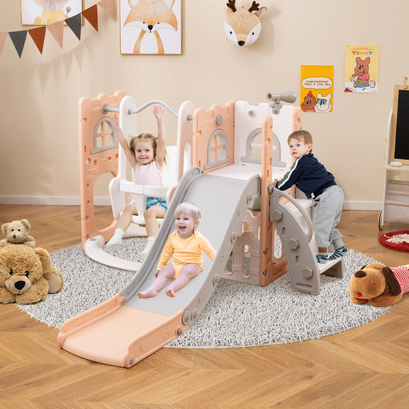 7-in-1 Toddler Swing and Slide Set L-shaped with Ladder and Basketball Hoop - Image 10