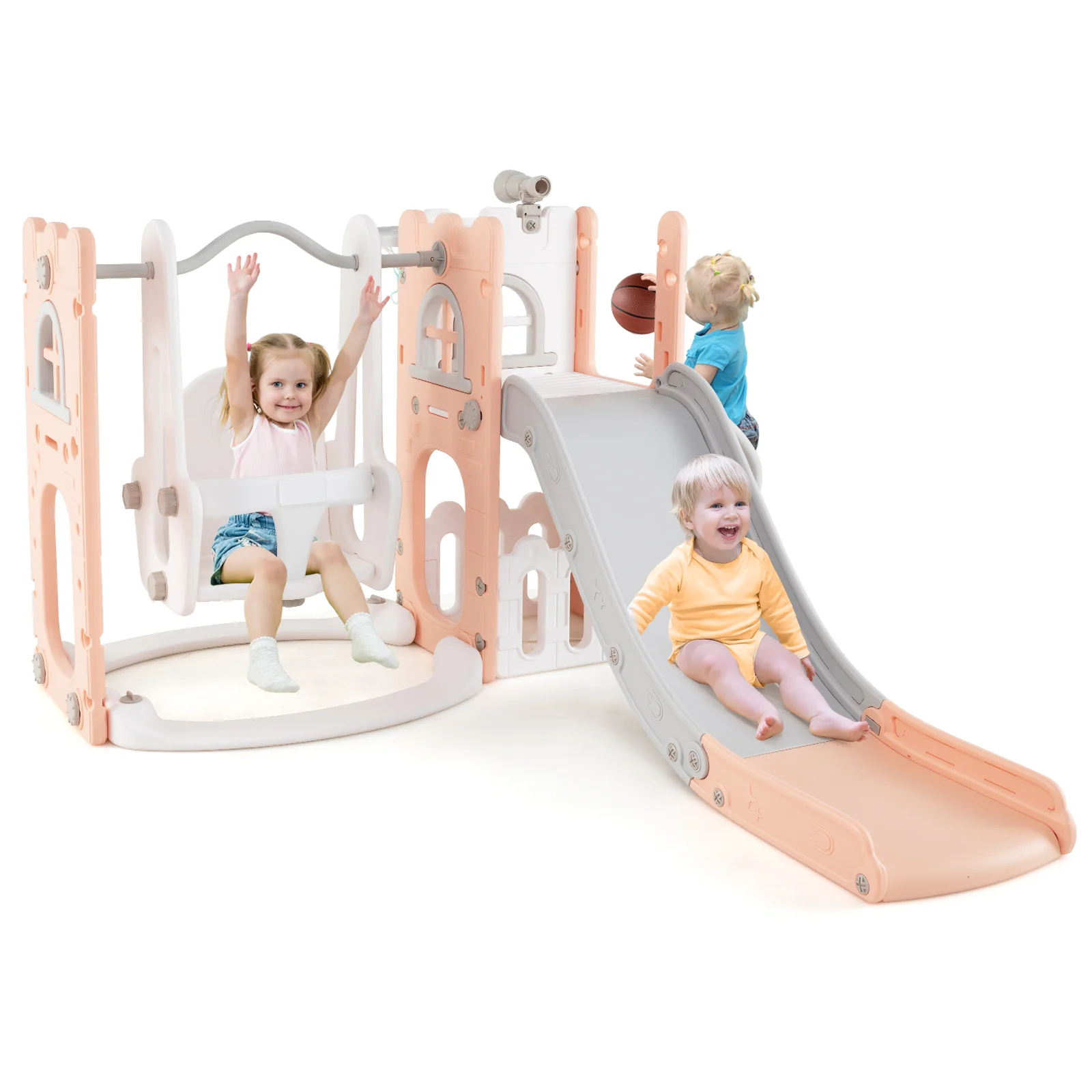 7-in-1 Toddler Swing and Slide Set L-shaped with Ladder and Basketball Hoop - Image 12