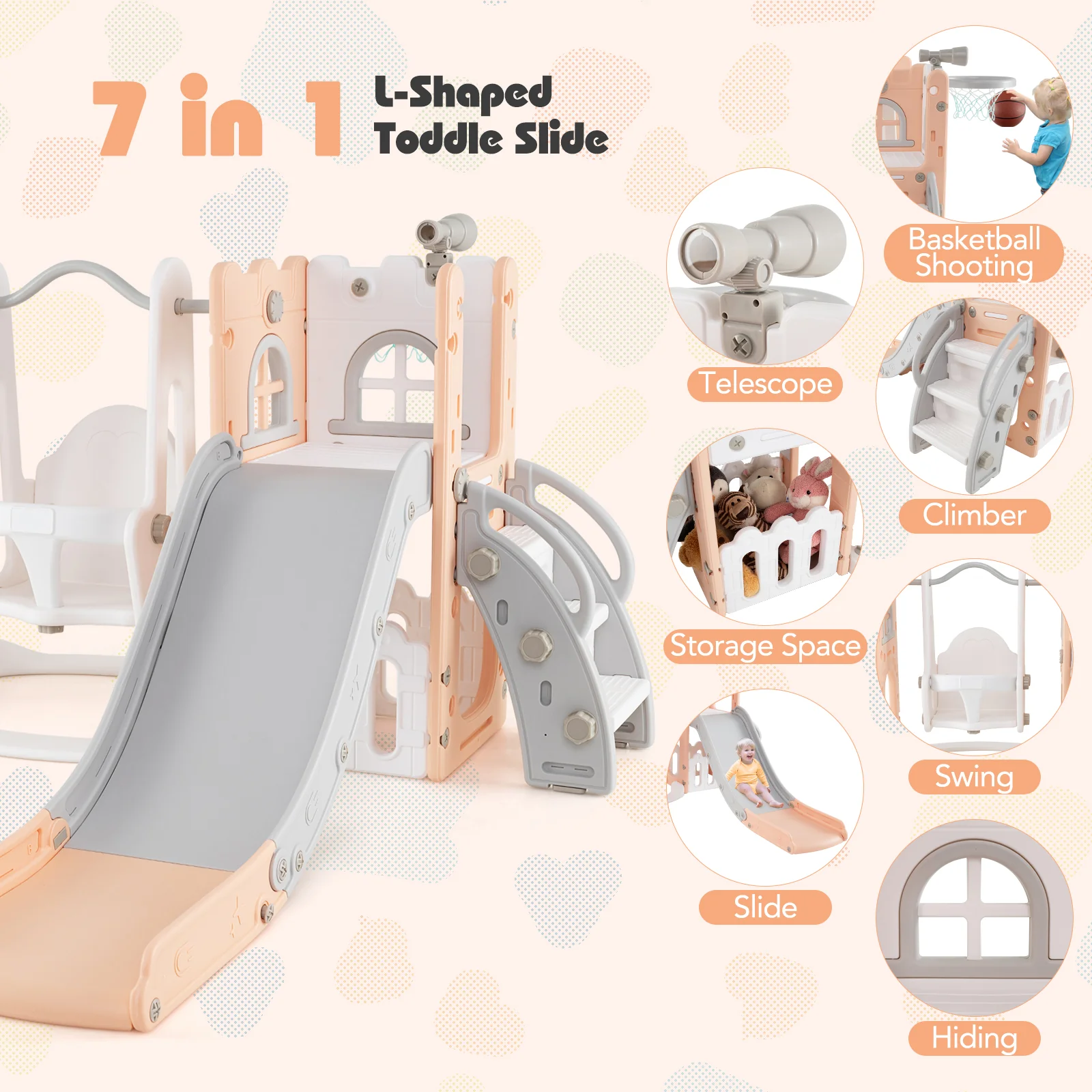 7-in-1 Toddler Swing and Slide Set L-shaped with Ladder and Basketball Hoop - Image 14