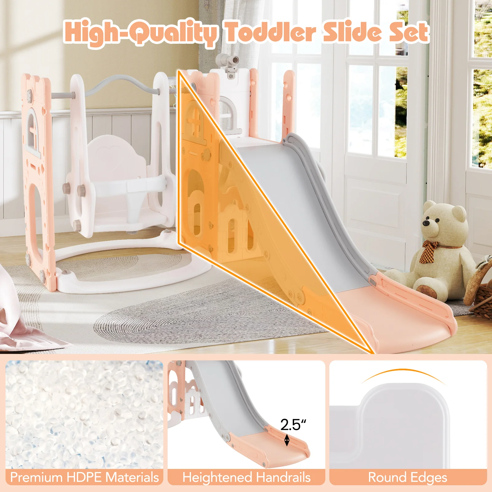 7-in-1 Toddler Swing and Slide Set L-shaped with Ladder and Basketball Hoop - Image 16
