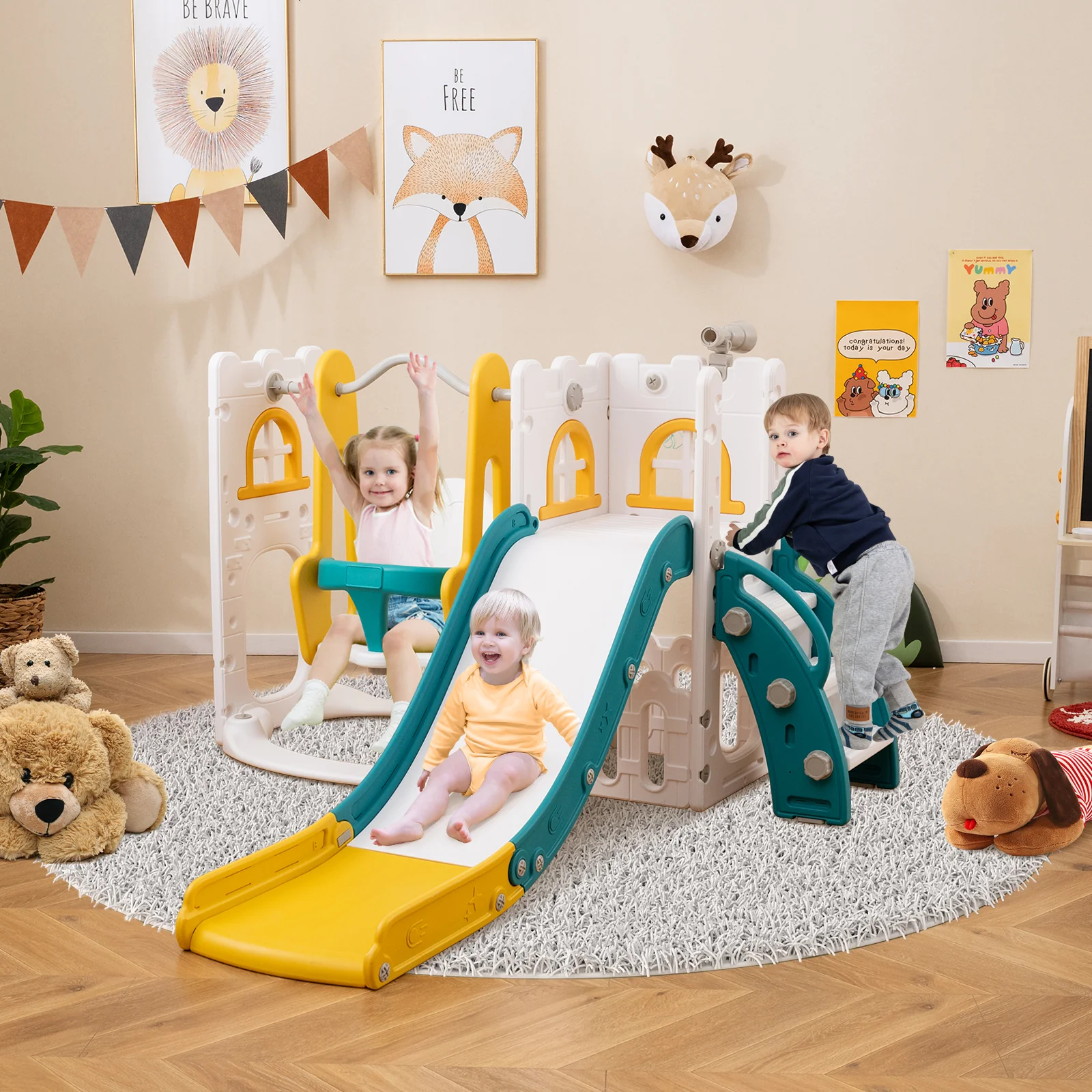 7-in-1 Toddler Swing and Slide Set L-shaped with Ladder and Basketball Hoop - Image 2