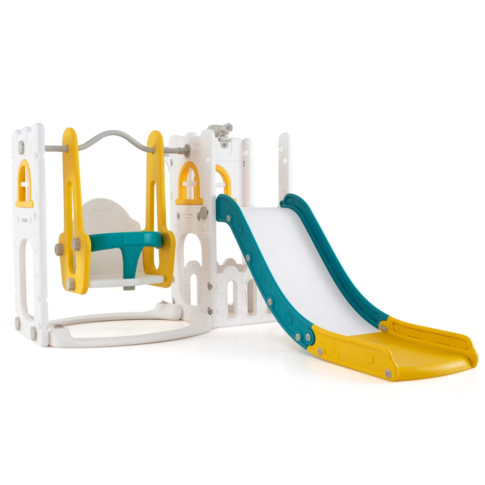 7-in-1 Toddler Swing and Slide Set L-shaped with Ladder and Basketball Hoop - Image 3
