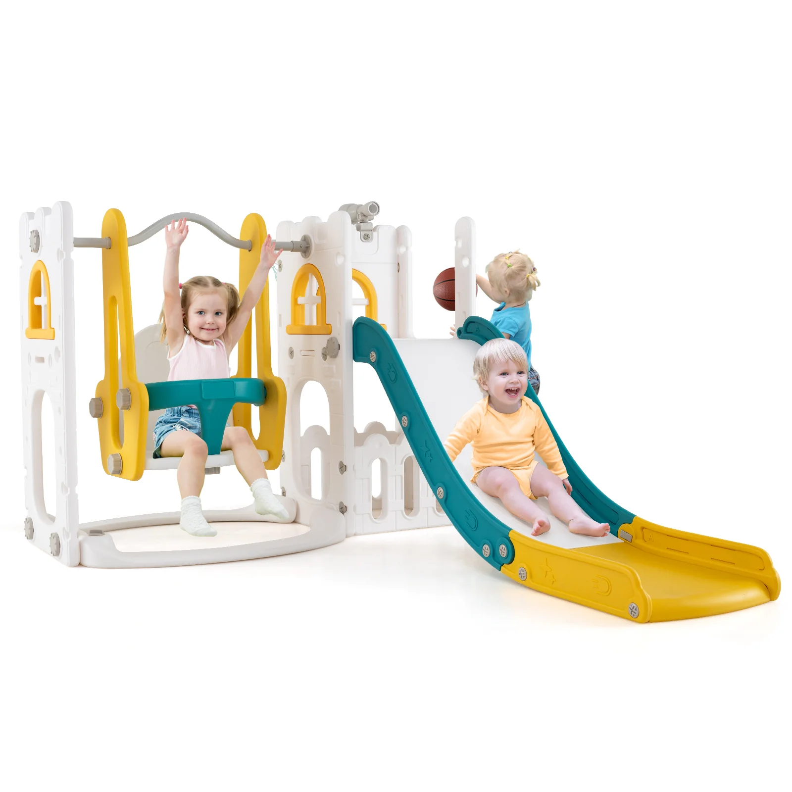 7-in-1 Toddler Swing and Slide Set L-shaped with Ladder and Basketball Hoop - Image 4