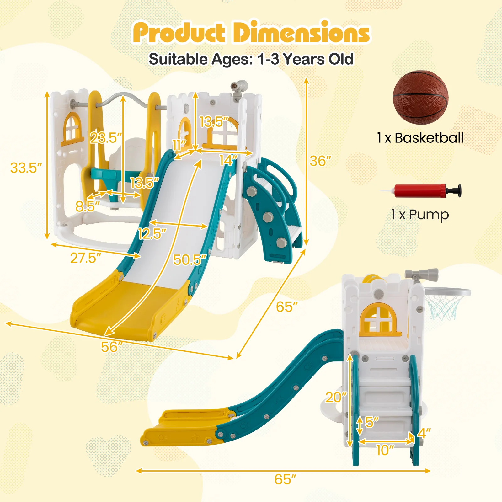 7-in-1 Toddler Swing and Slide Set L-shaped with Ladder and Basketball Hoop - Image 5