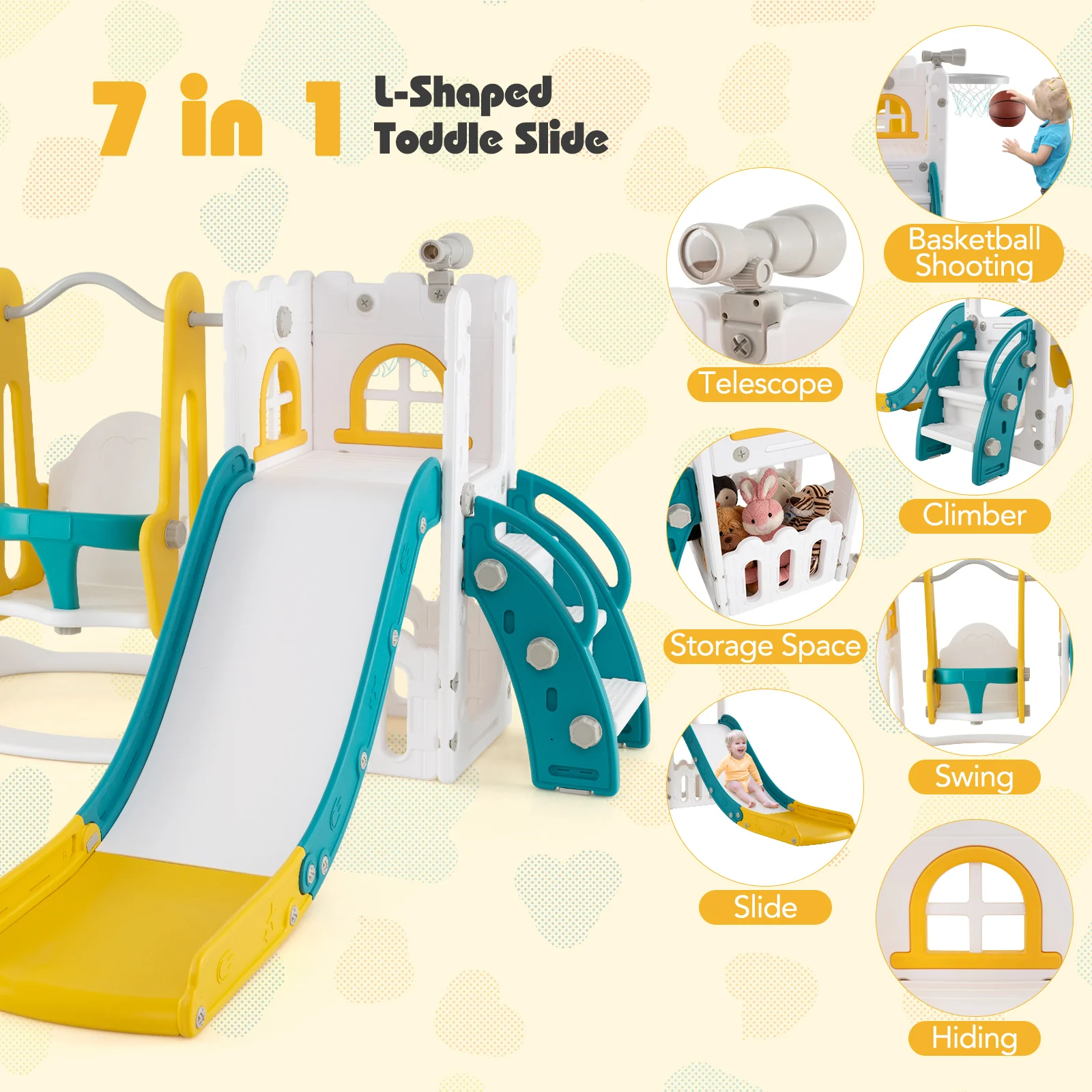 7-in-1 Toddler Swing and Slide Set L-shaped with Ladder and Basketball Hoop - Image 6