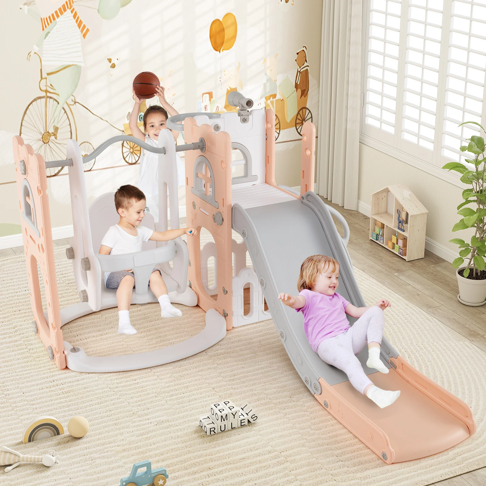 7-in-1 Toddler Swing and Slide Set L-shaped with Ladder and Basketball Hoop - Image 9