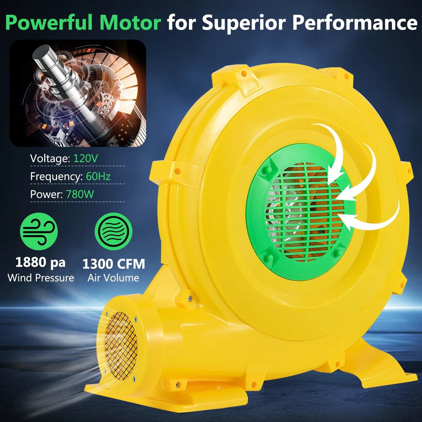 780W Bounce House Blower 1 HP Portable Air Pump Fan with Handle and Ground Stakes - Image 5