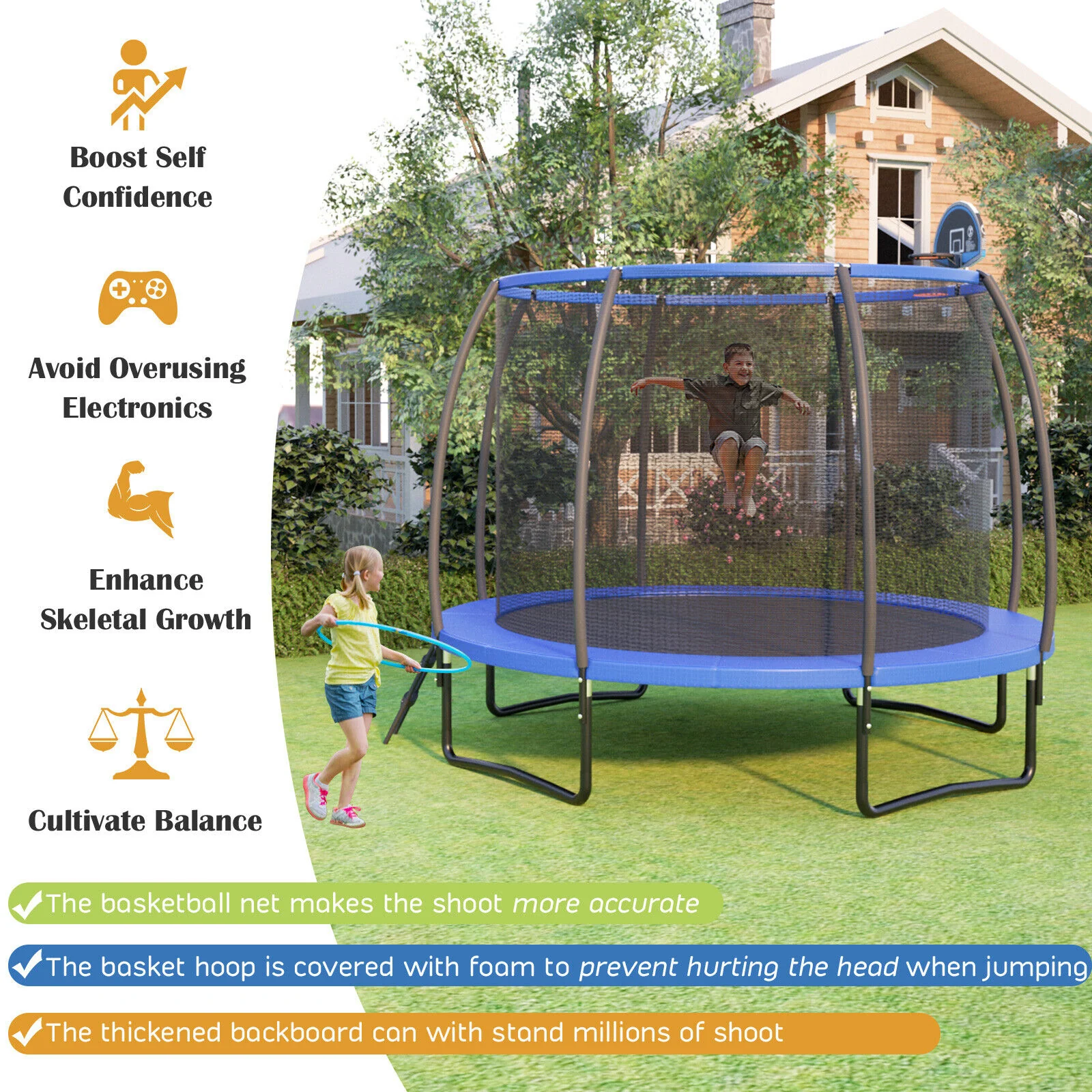 8 Feet Recreational Trampoline with Basketball Hoop and Net Ladder - Image 10
