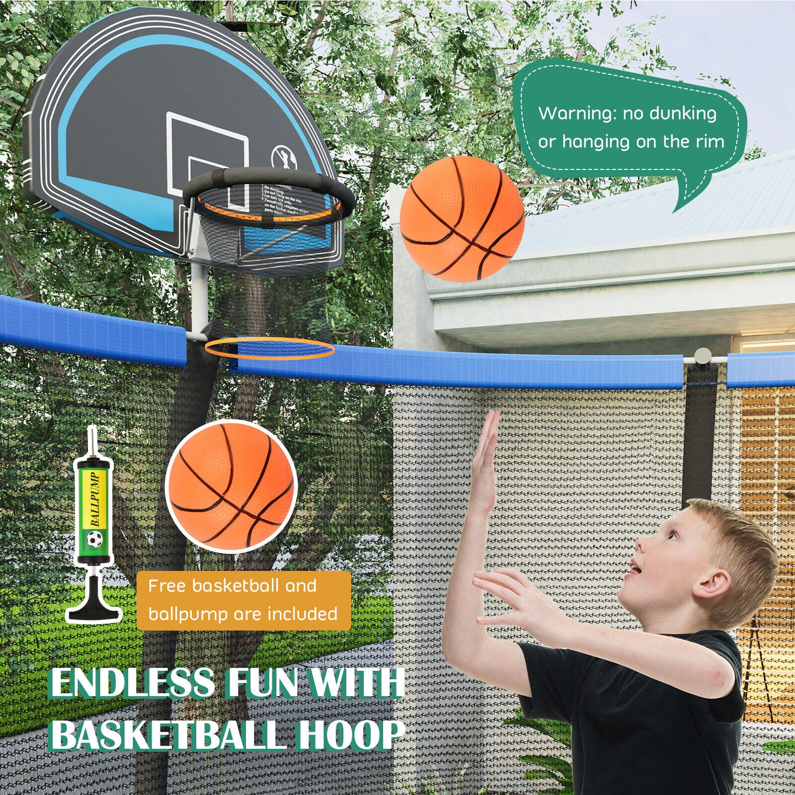 8 Feet Recreational Trampoline with Basketball Hoop and Net Ladder - Image 2