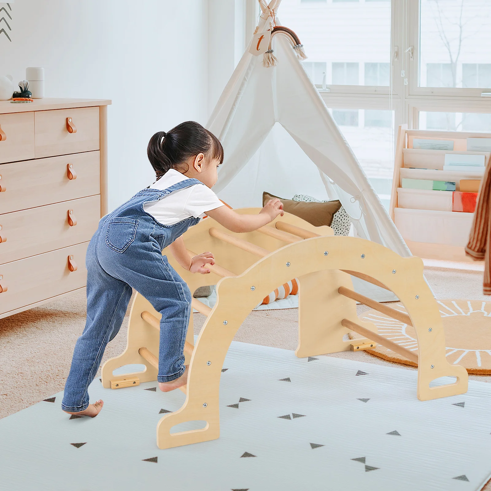 8 in 1 Climbing Arch Sensory Table for Kids with Collapsible Storage Bin for 3+ Years Old-Natural - Image 2