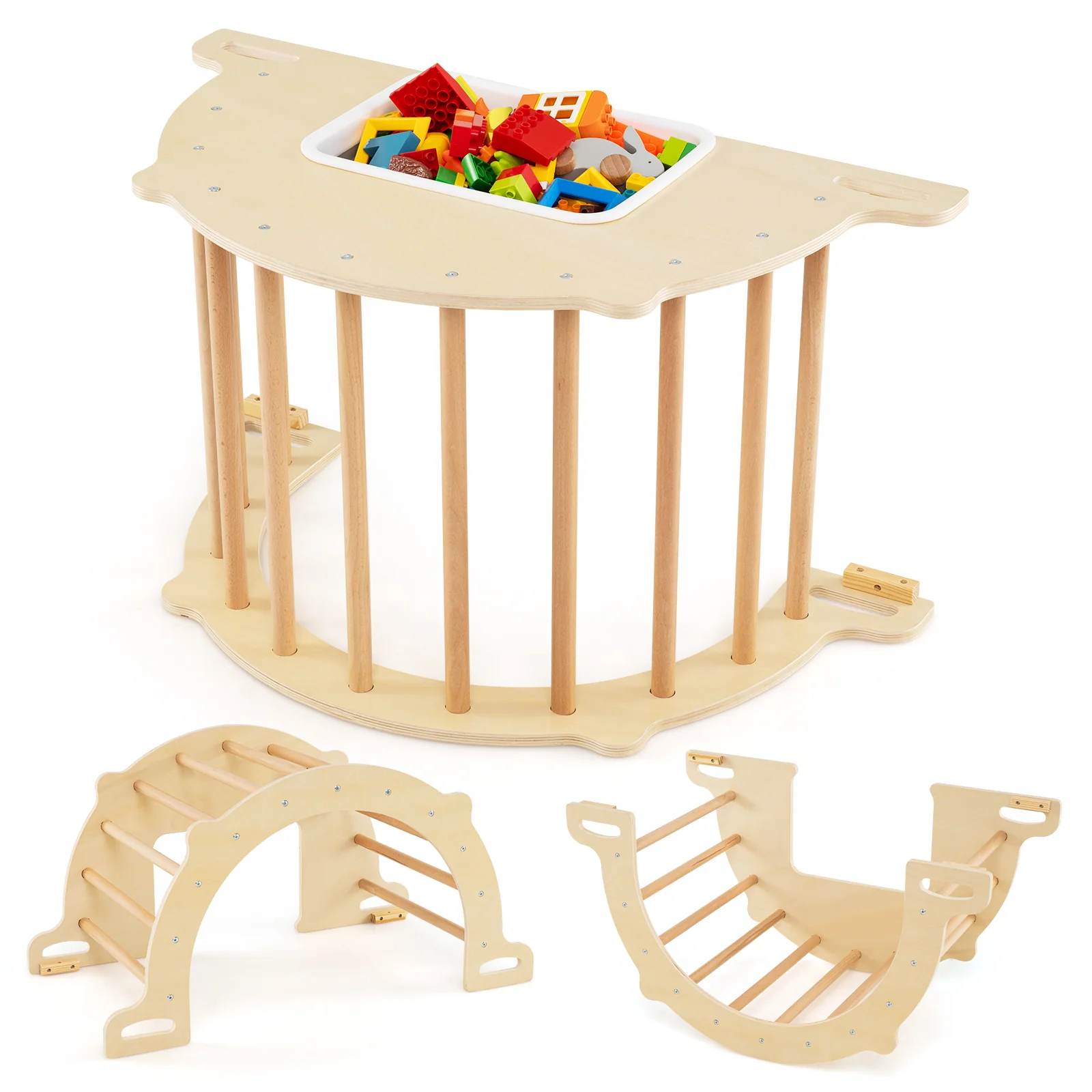 8 in 1 Climbing Arch Sensory Table for Kids with Collapsible Storage Bin for 3+ Years Old-Natural - Image 3