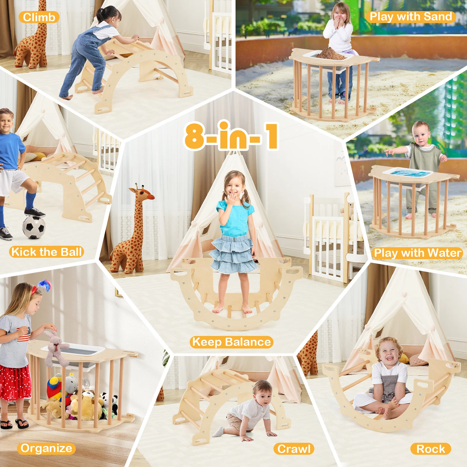 8 in 1 Climbing Arch Sensory Table with Collapsible Storage Bin for Kids-Natural - Image 5
