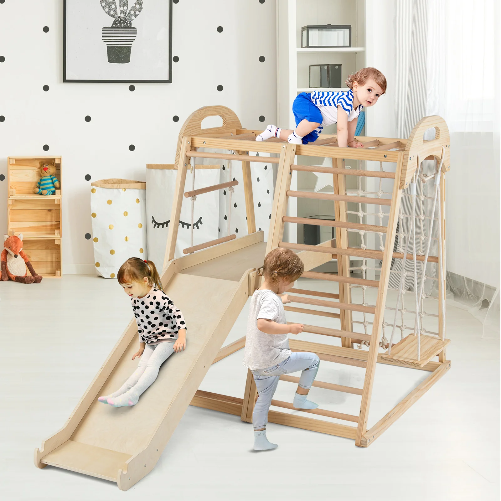8-in-1 Jungle Gym Wooden Montessori Climber Playset with Slide and Monkey Bar for Kids 3-5 Years Old-Natural - Image 2