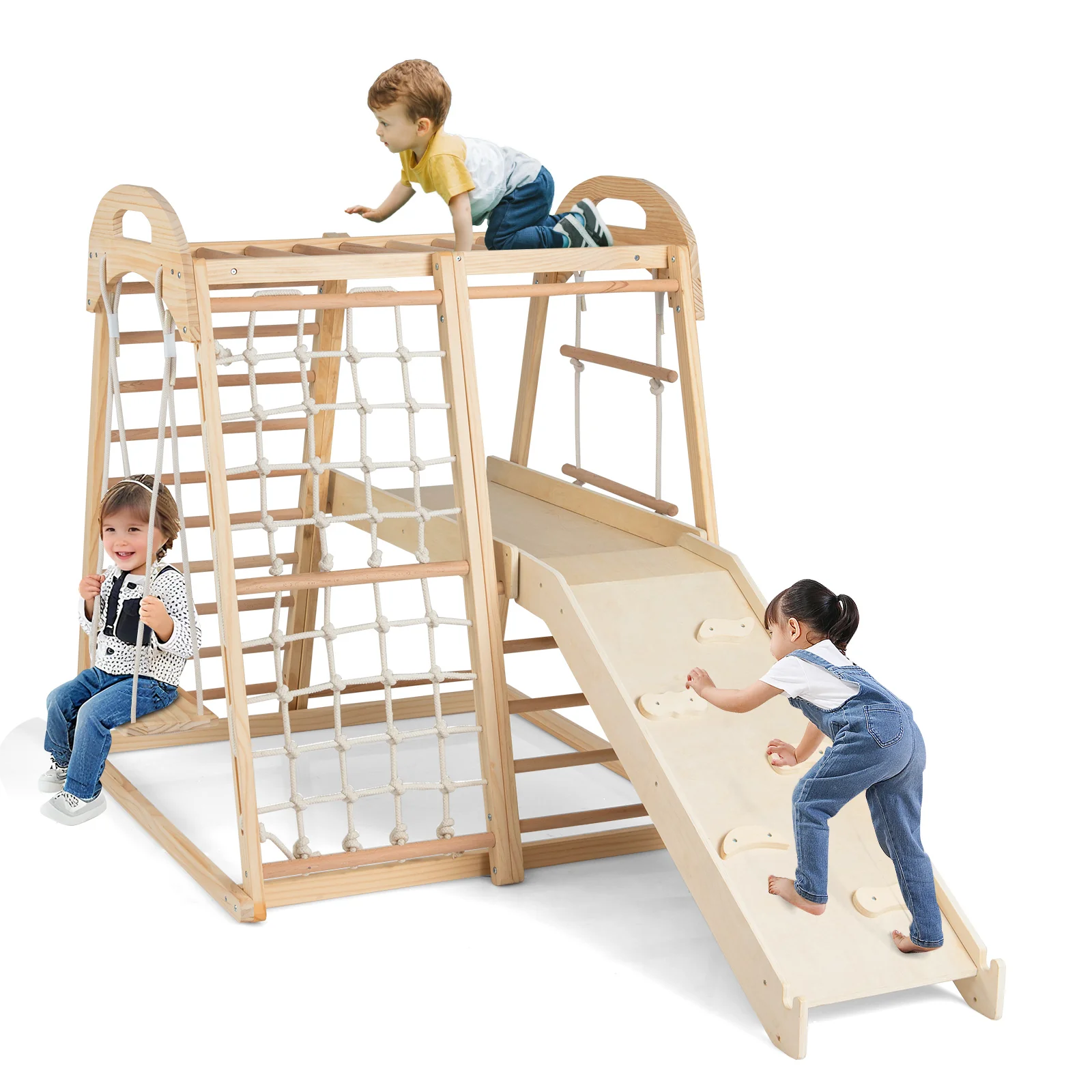 8-in-1 Jungle Gym Wooden Montessori Climber Playset with Slide and Monkey Bar for Kids 3-5 Years Old-Natural - Image 3