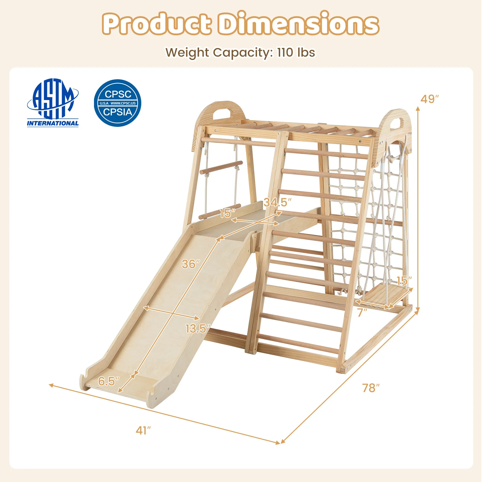 8-in-1 Jungle Gym Wooden Montessori Climber Playset with Slide and Monkey Bar for Kids 3-5 Years Old-Natural - Image 4