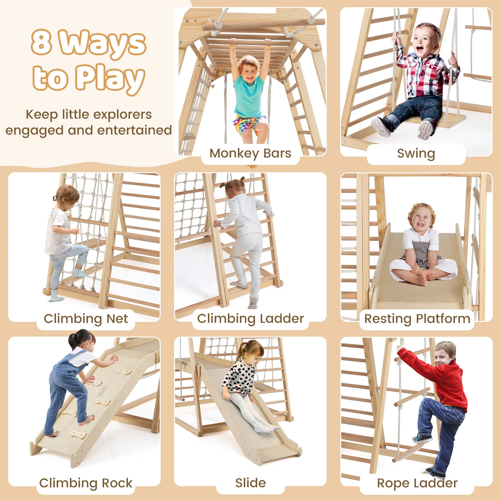 8-in-1 Jungle Gym Wooden Montessori Climber Playset with Slide and Monkey Bar for Kids 3-5 Years Old-Natural - Image 5