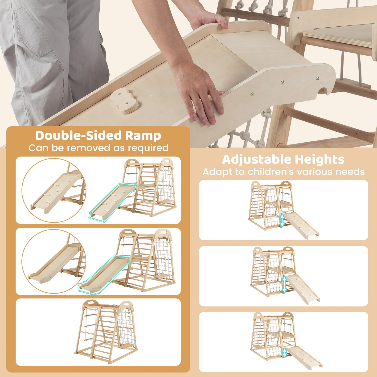 8-in-1 Jungle Gym Wooden Montessori Climber Playset with Slide and Monkey Bar for Kids 3-5 Years Old-Natural - Image 6