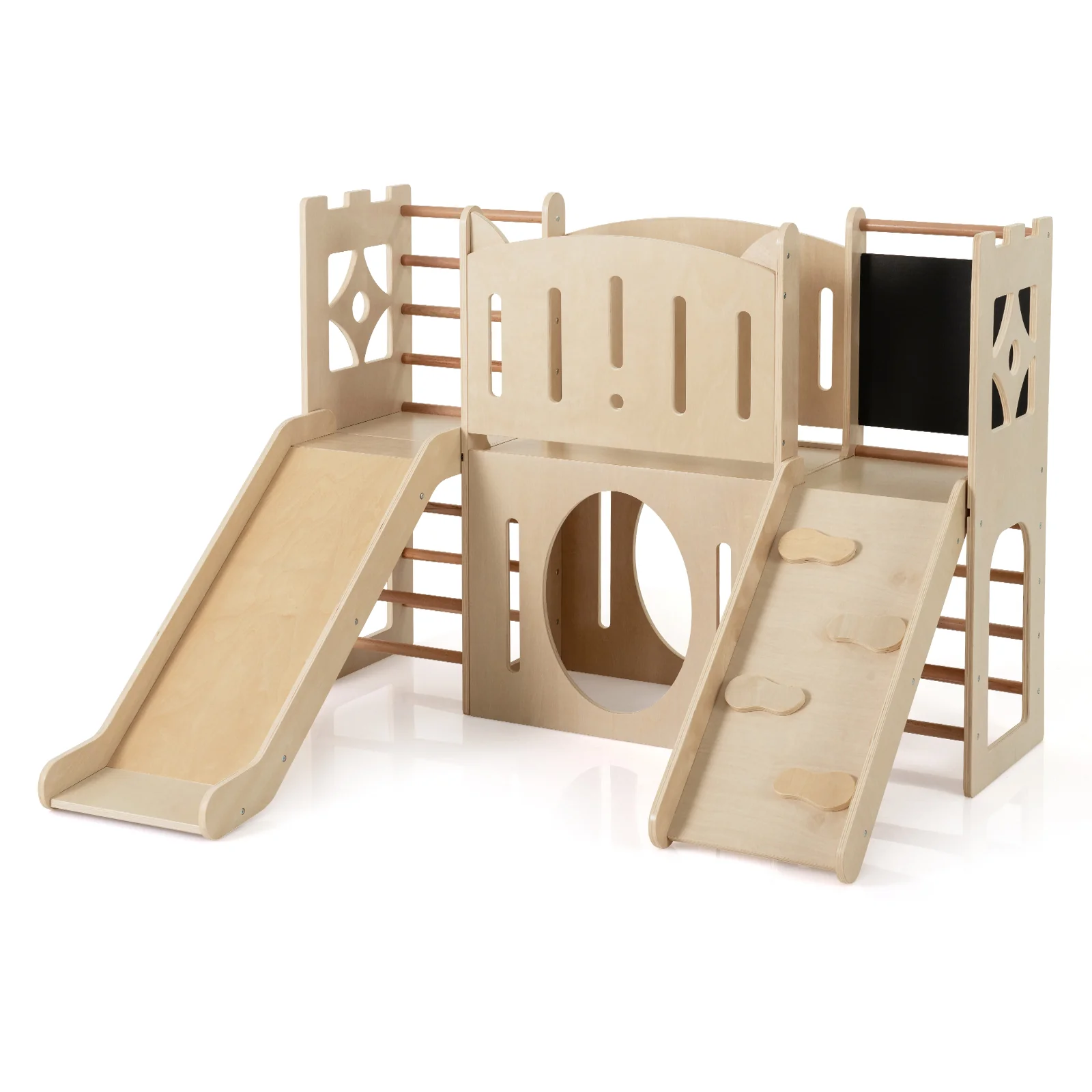 8-in-1 Toddler Slide Wooden Indoor Playground with Climber and Chalkboard-Natural - Image 3