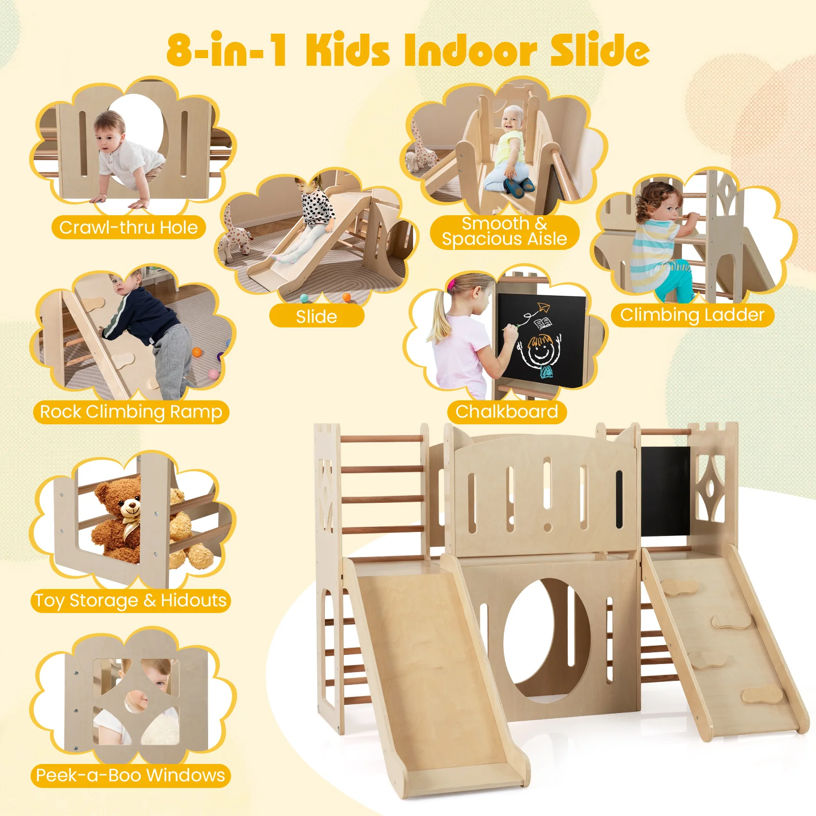 8-in-1 Toddler Slide Wooden Indoor Playground with Climber and Chalkboard-Natural - Image 5