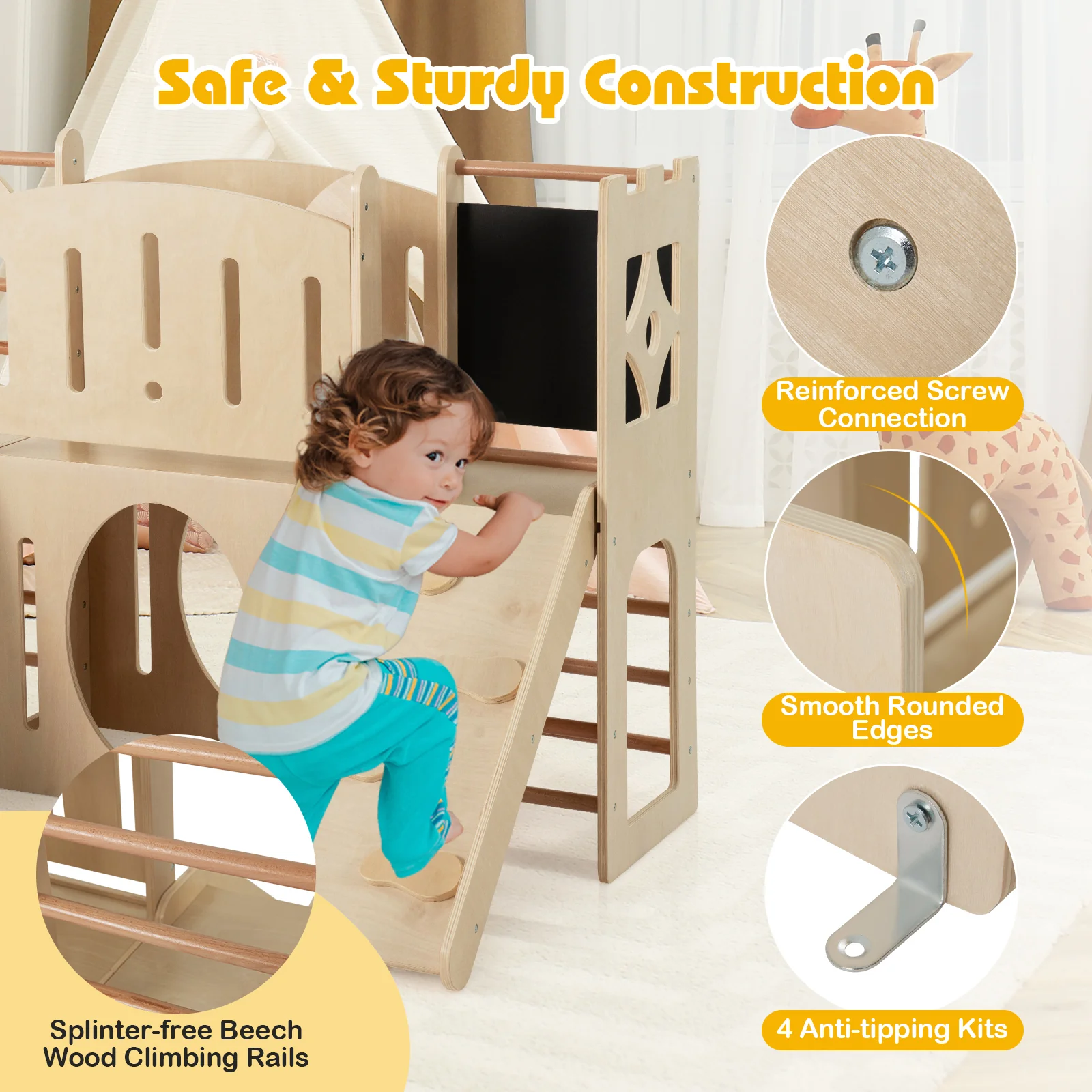 8-in-1 Toddler Slide Wooden Indoor Playground with Climber and Chalkboard-Natural - Image 7