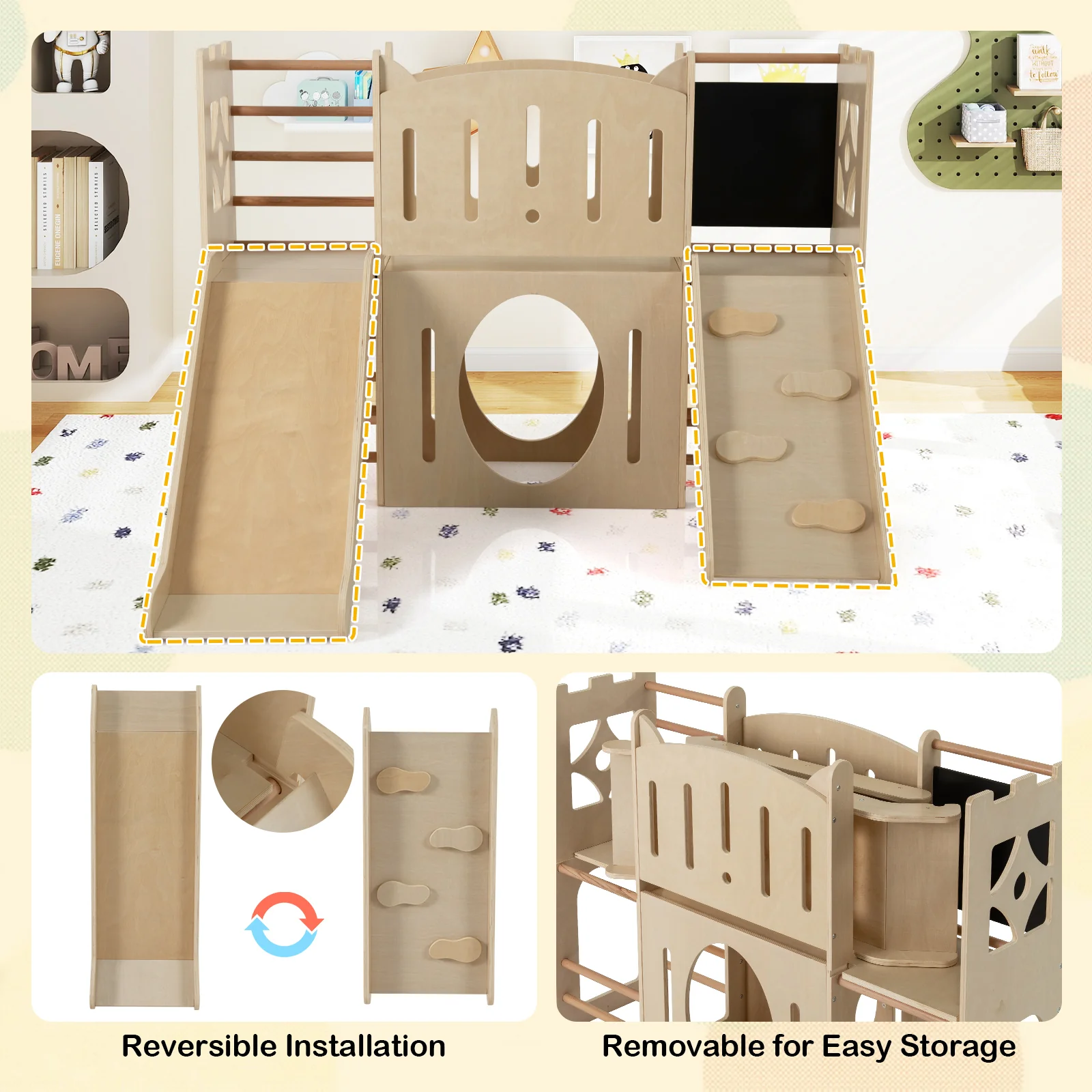 8-in-1 Toddler Slide Wooden Indoor Playground with Climber and Chalkboard-Natural - Image 8