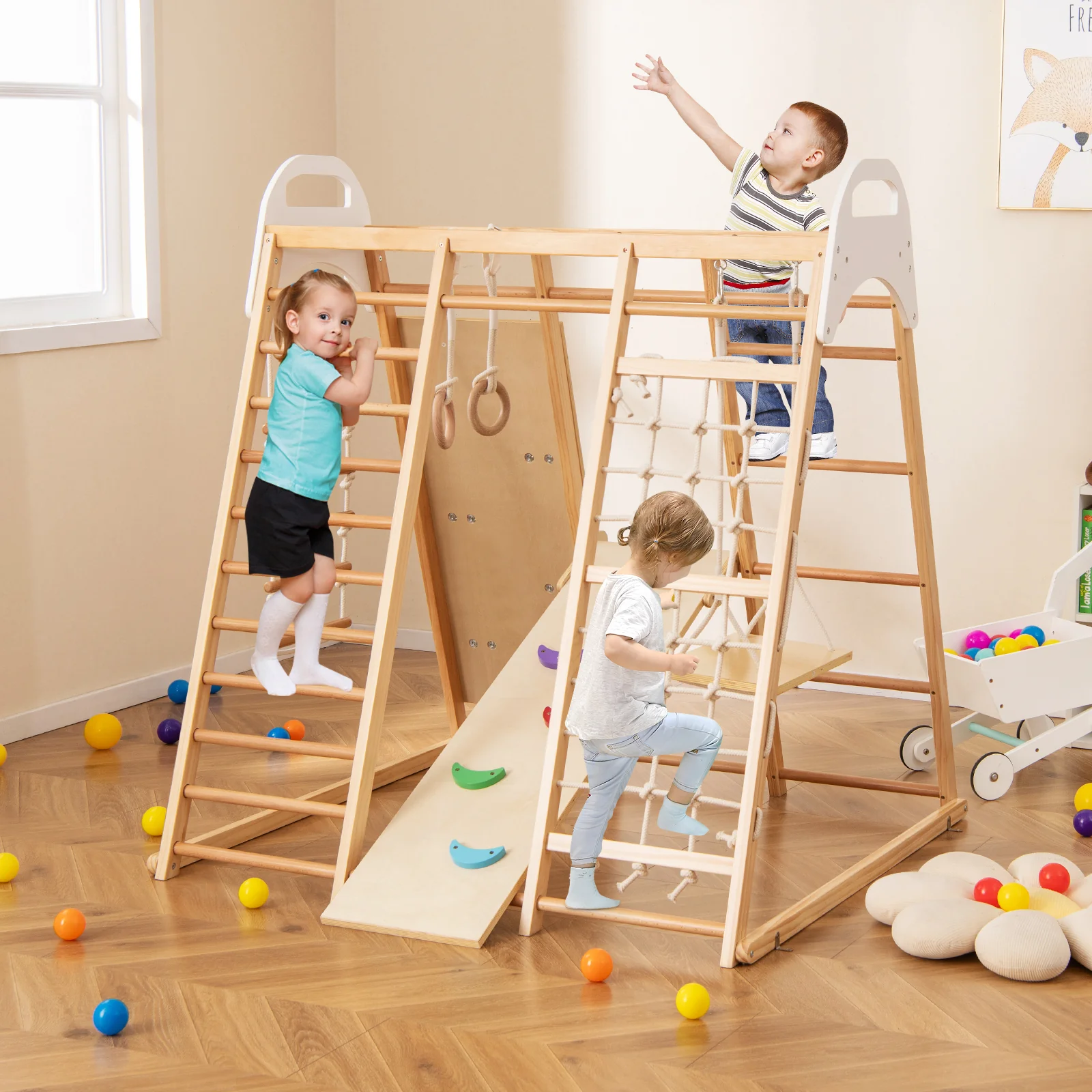 8-in-1 Wooden Jungle Gym Playset with Slide and Monkey Bars - Image 10