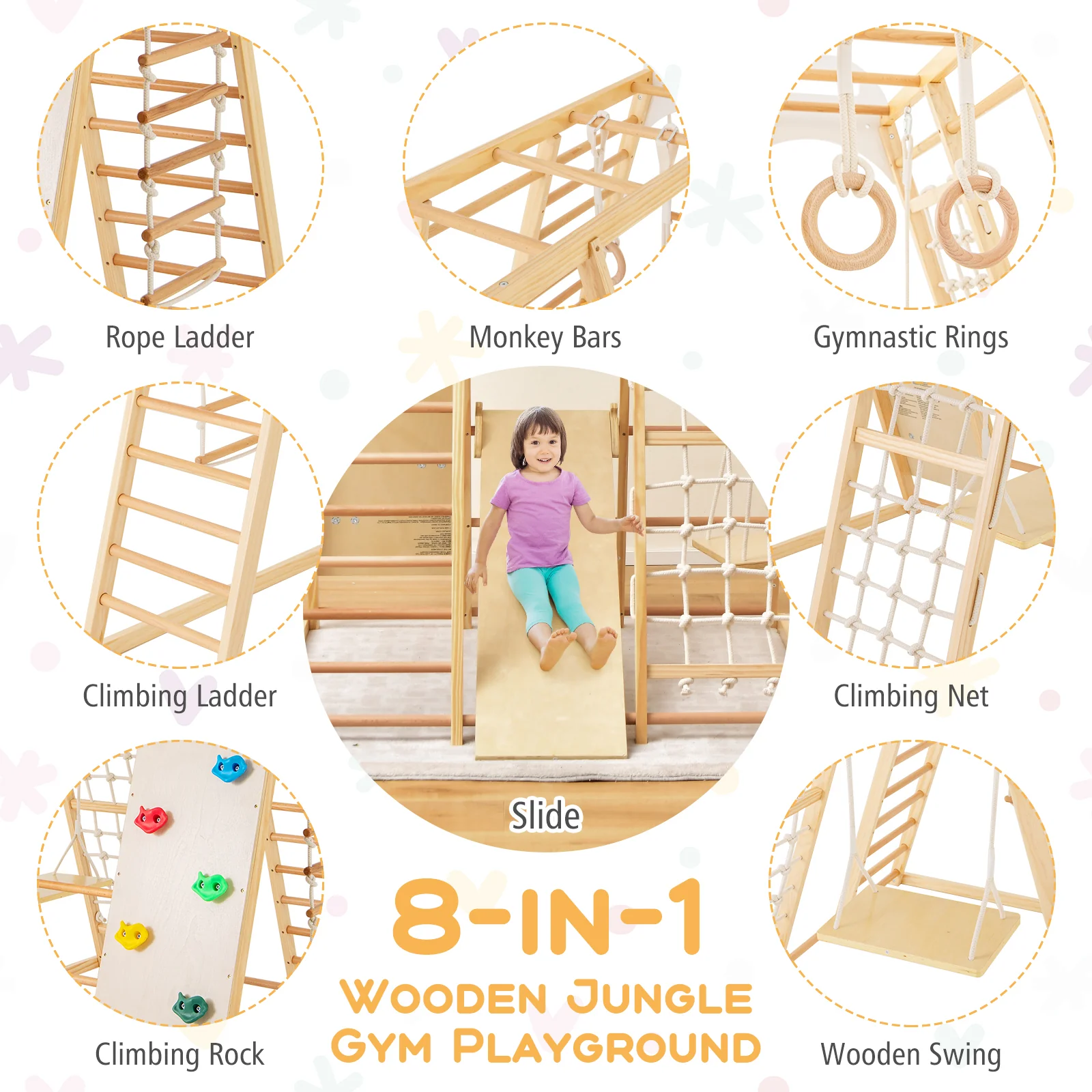8-in-1 Wooden Jungle Gym Playset with Slide and Monkey Bars - Image 14