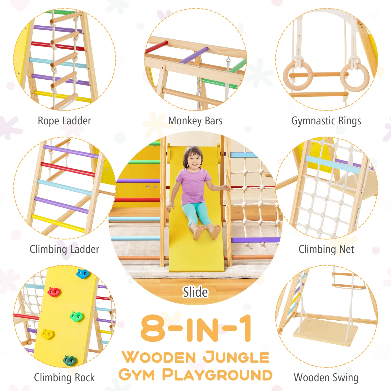 8-in-1 Wooden Jungle Gym Playset with Slide and Monkey Bars - Image 6