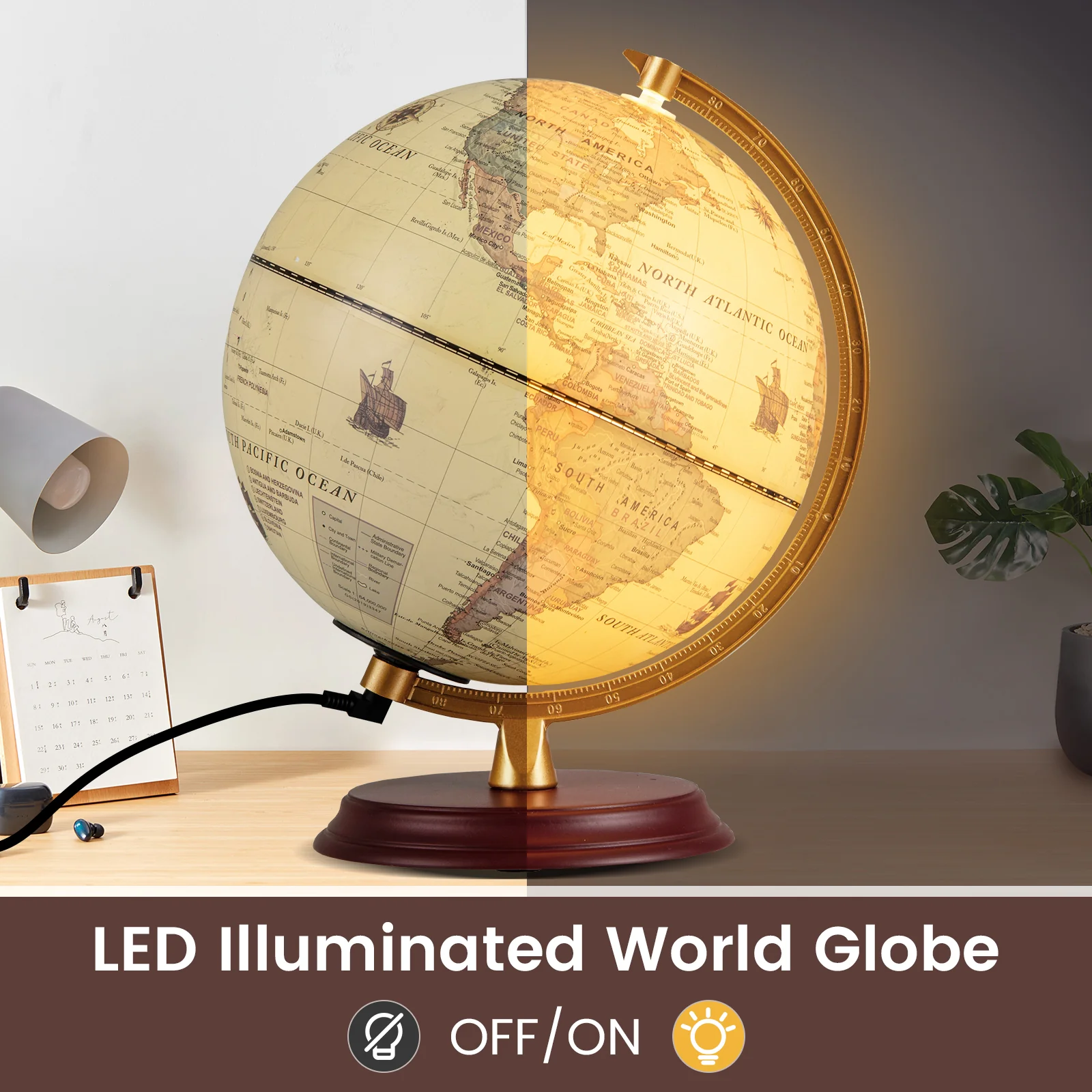8 Inch Illuminated World Globe Night Light up Globe Lamp with Wooden Stand and HD Map - Image 14