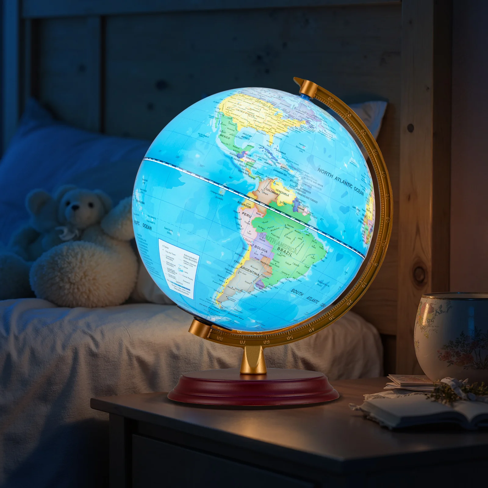 8 Inch Illuminated World Globe Night Light up Globe Lamp with Wooden Stand and HD Map - Image 2
