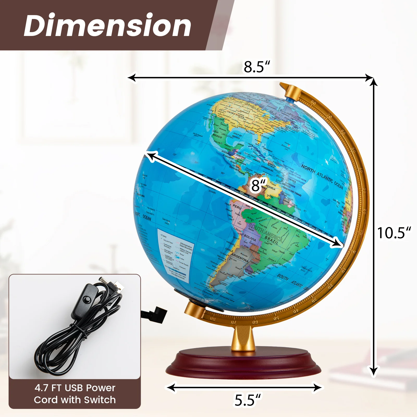 8 Inch Illuminated World Globe Night Light up Globe Lamp with Wooden Stand and HD Map - Image 4